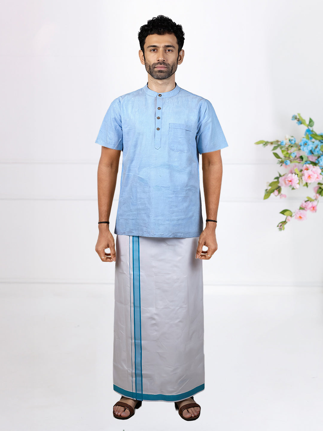 Men Cotton Short Length Plain Pocket Kurta Light Blue PC28