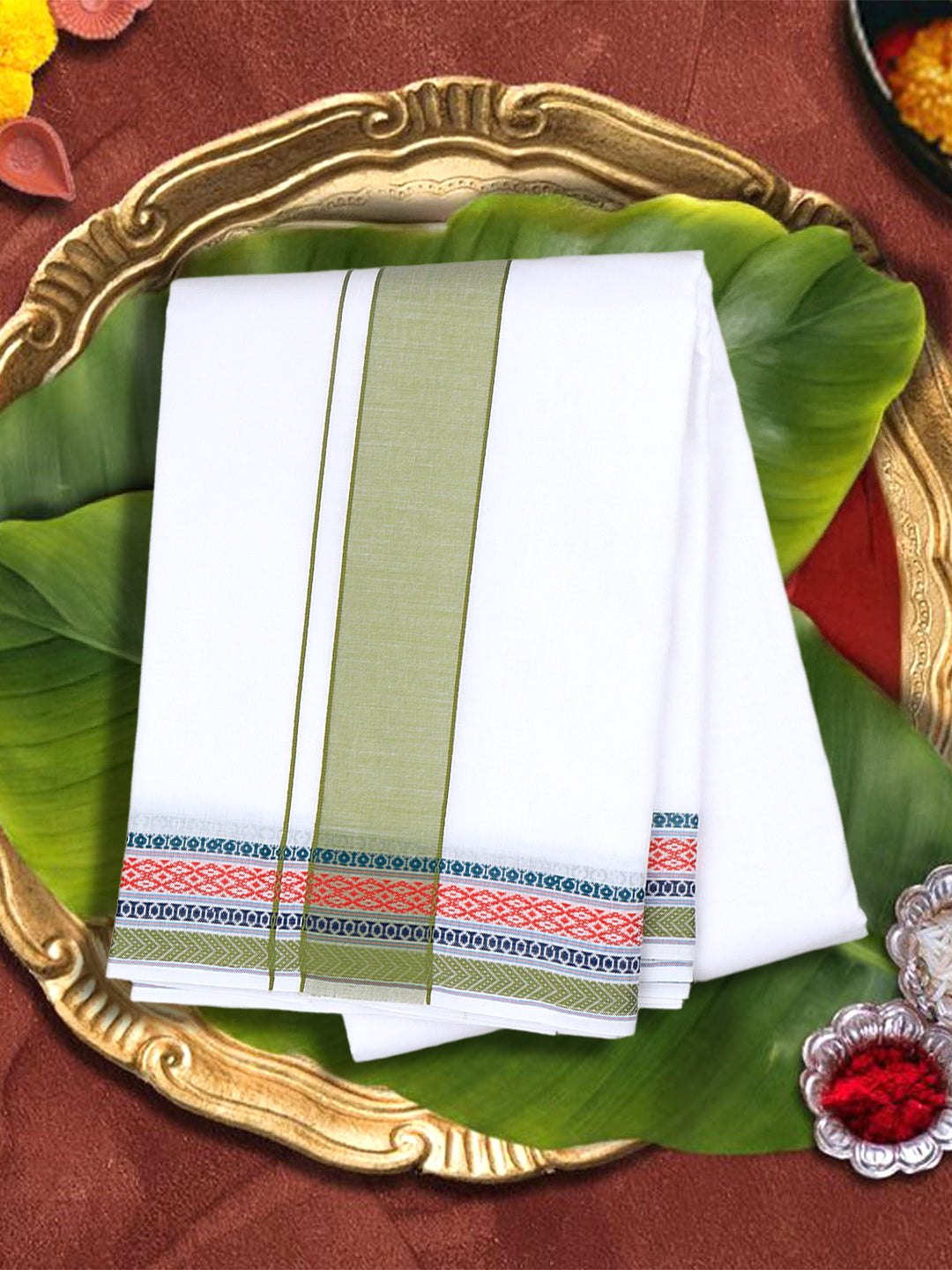 Men Cotton Green Fancy Border Panchakacham with Angavasthram (9+5) JD01