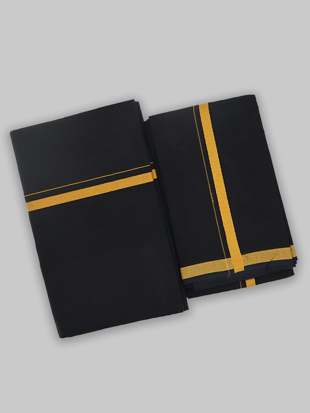 Men Cotton Blend Single Layer Black Dhoti & Towel Set with Yellow Border Poojan