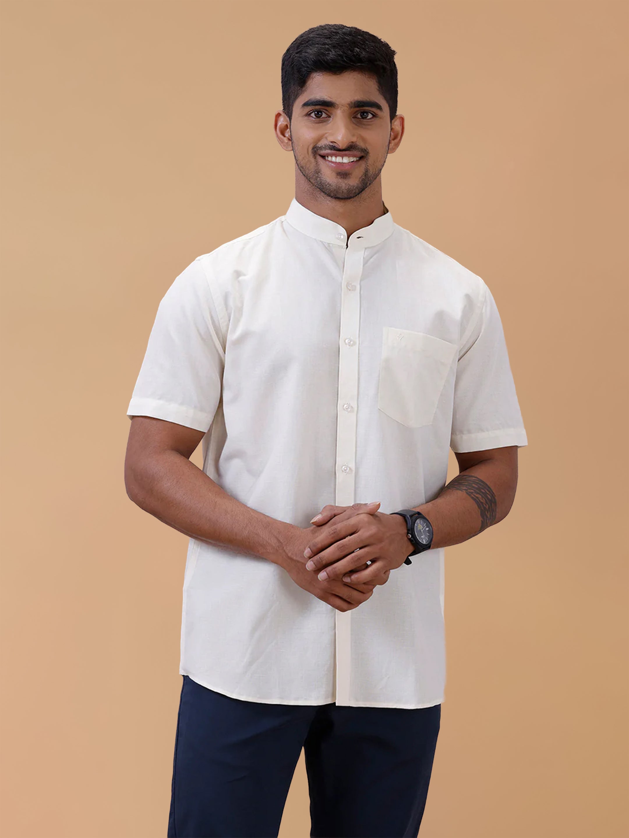 Linen Cotton Cream Chinese Collar Regular Fit Shirt LF12