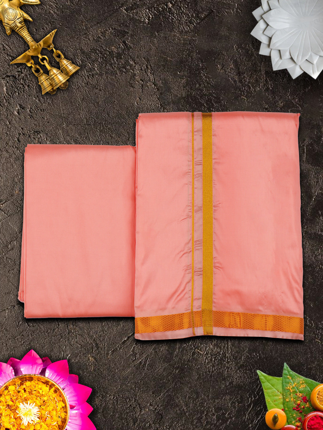 Mens Premium Art Silk Dark Pink Shirting & Gold Jari Border Panchakacham Set 9+5 Ashirwath