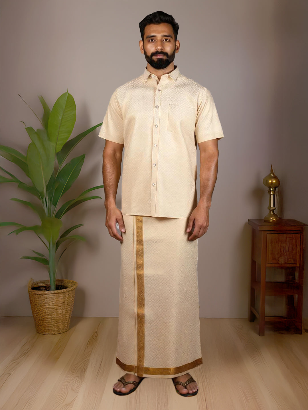 Men Gold Tissue Jacquard Half Sleeves Shirt with Matching Dhoti Set GD13