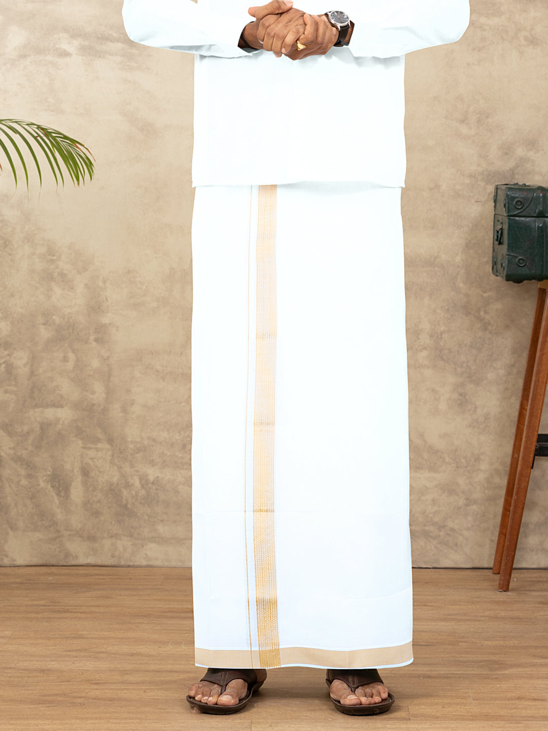 Men Cotton Blend Double Layer White Dhoti with Fancy Border TF18