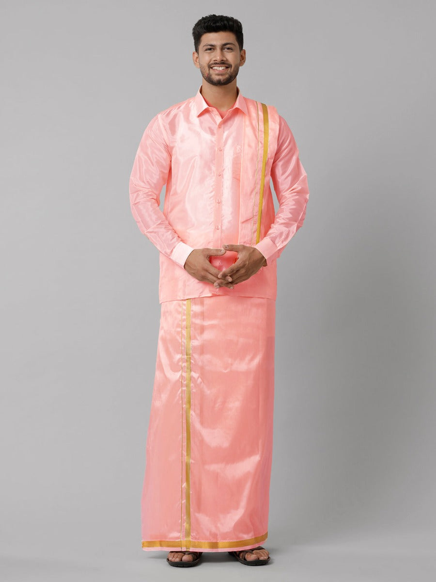 Mens Art Silk Pink Shirt Dhoti Towel Set Swayamvara
