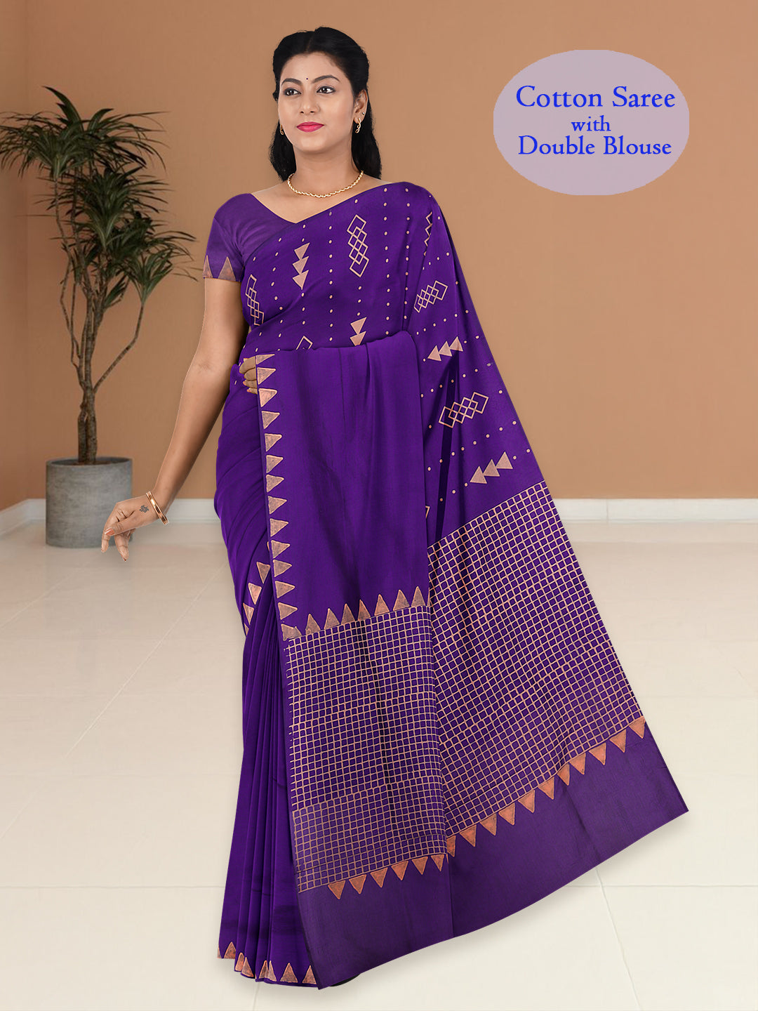 Women Violet Cotton Saree with Double Blouse PCS210