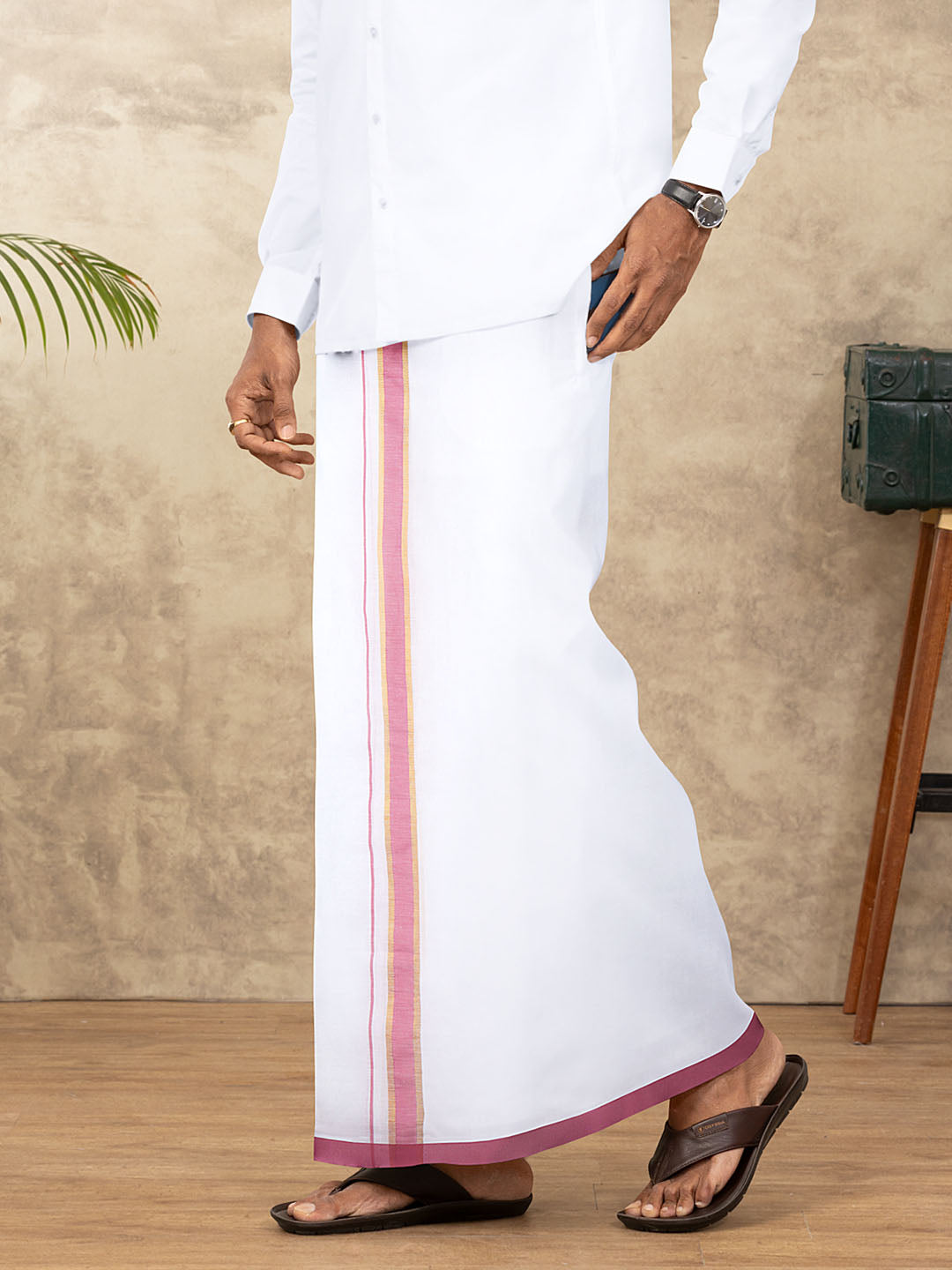 Men Cotton Blend Readymade Double Layer White Dhoti with Fancy Jari Border GFDA05