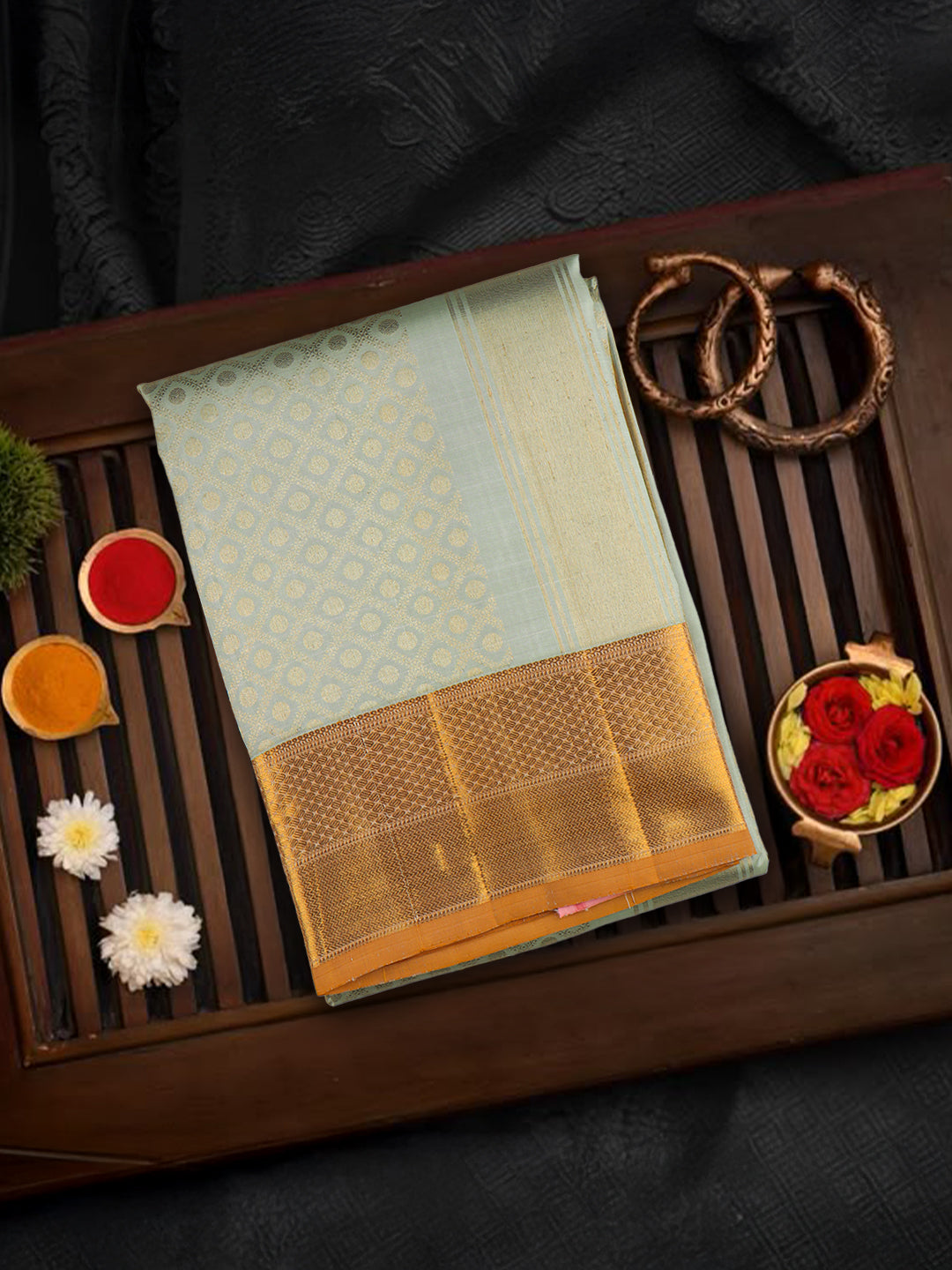 Men Premium Pure Silk Dhoti & Towel Set with 6" inch Gold Jari Border Amirtham AM6