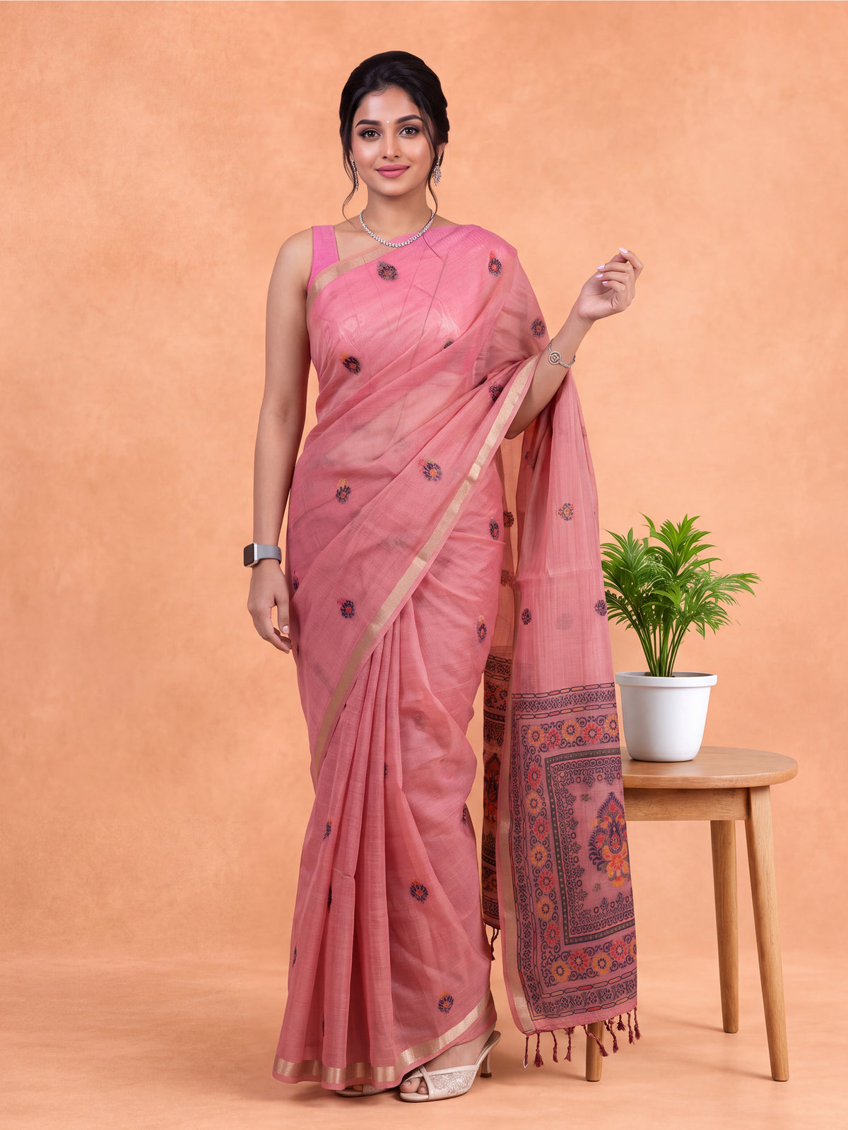 Women Spun Poly Pink Floral Printed Saree SP27