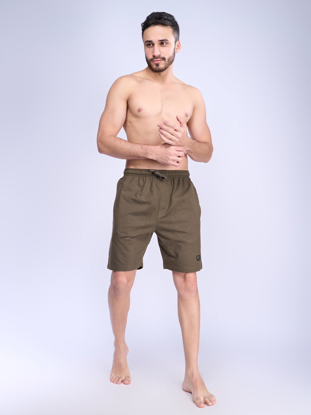 Men Olive Combed Cotton Shorts