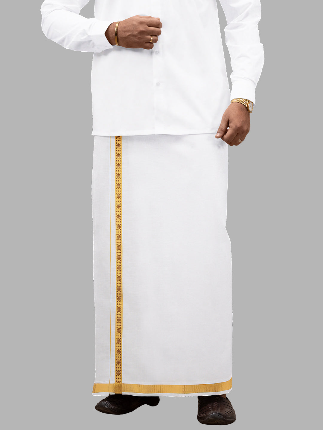 Men Cotton Blend Single Layer White Dhoti with Double Side Fancy Jari Border GP01