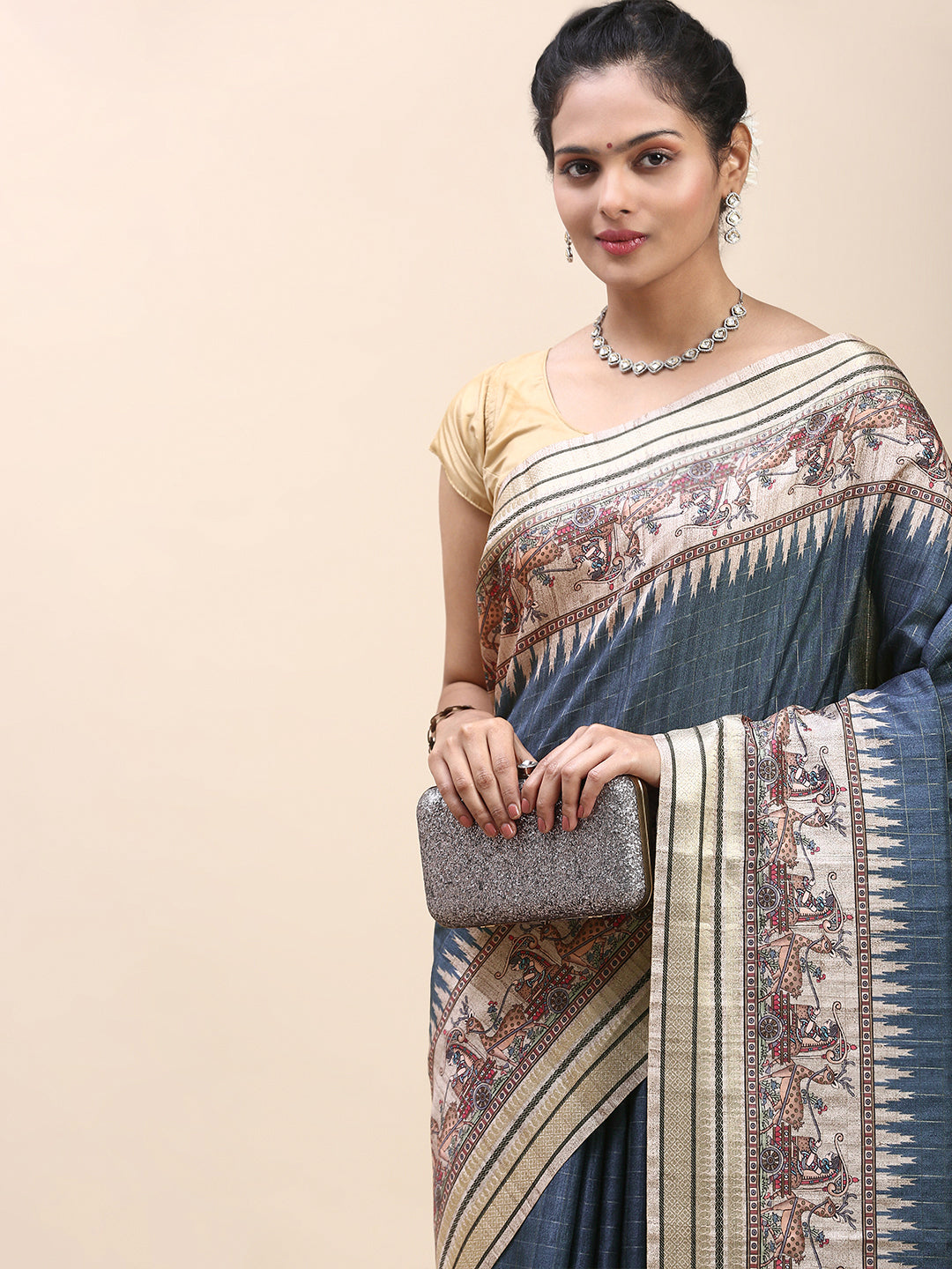 Women Semi Tussar Saree Blue ST195