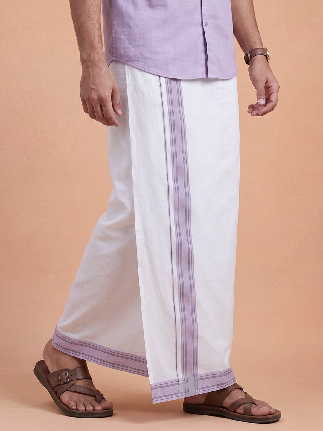 Double Layer 100% Cotton White Dhoti With Colour Jari Border - EJF32