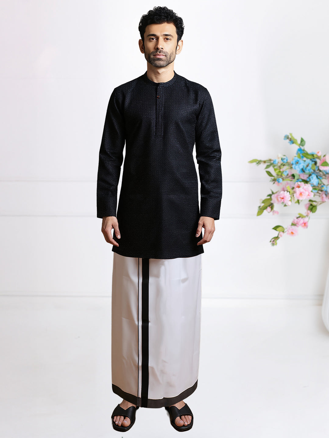 Men Blackish White Medium Length Kurta with Matching Border Dhoti Set PC8