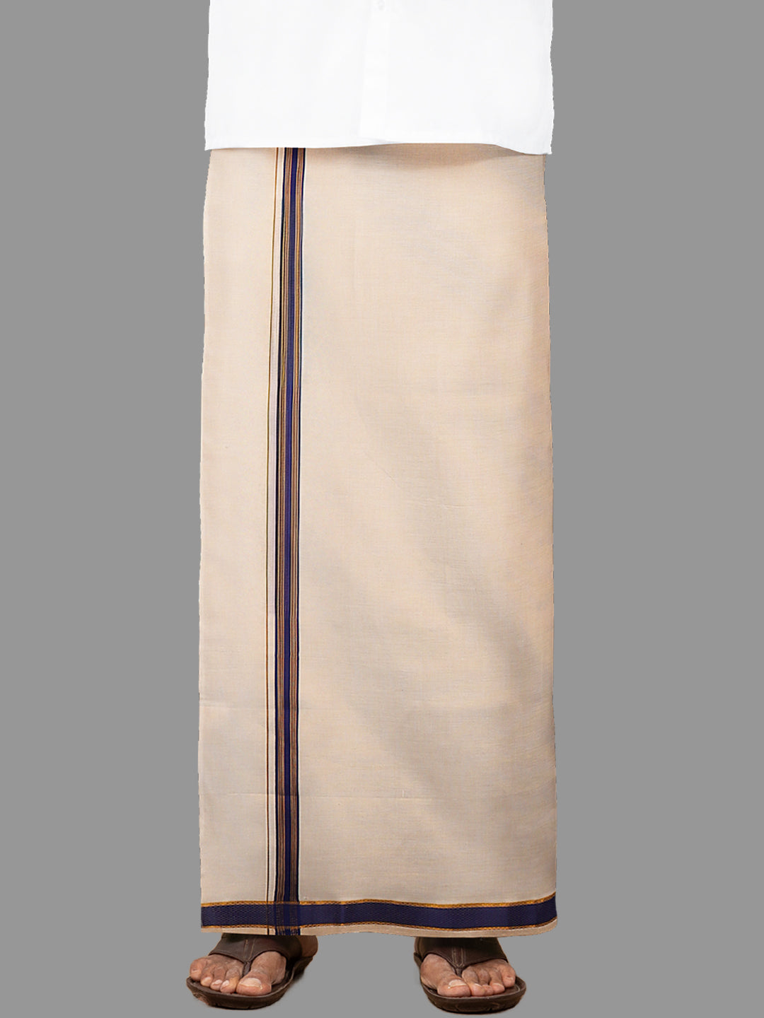 Men Tissue Adjustable Pocket Dhoti Blue Fancy Jari Border