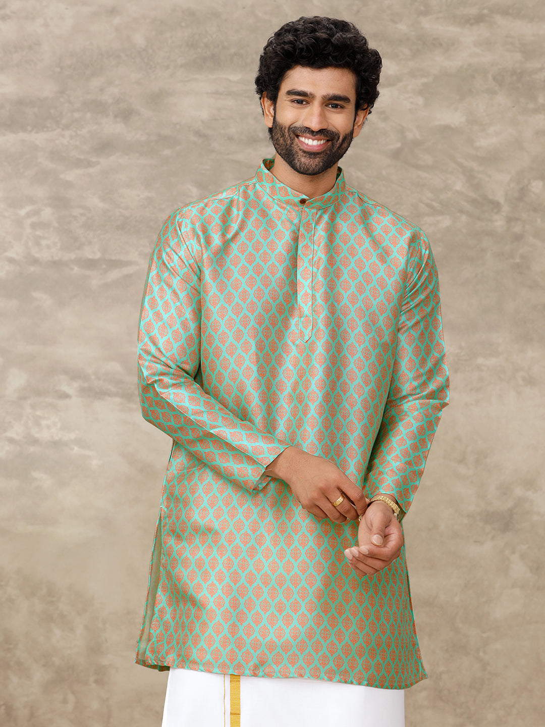 Mens Medium Length Pocket Kurta Orangy Green RE15