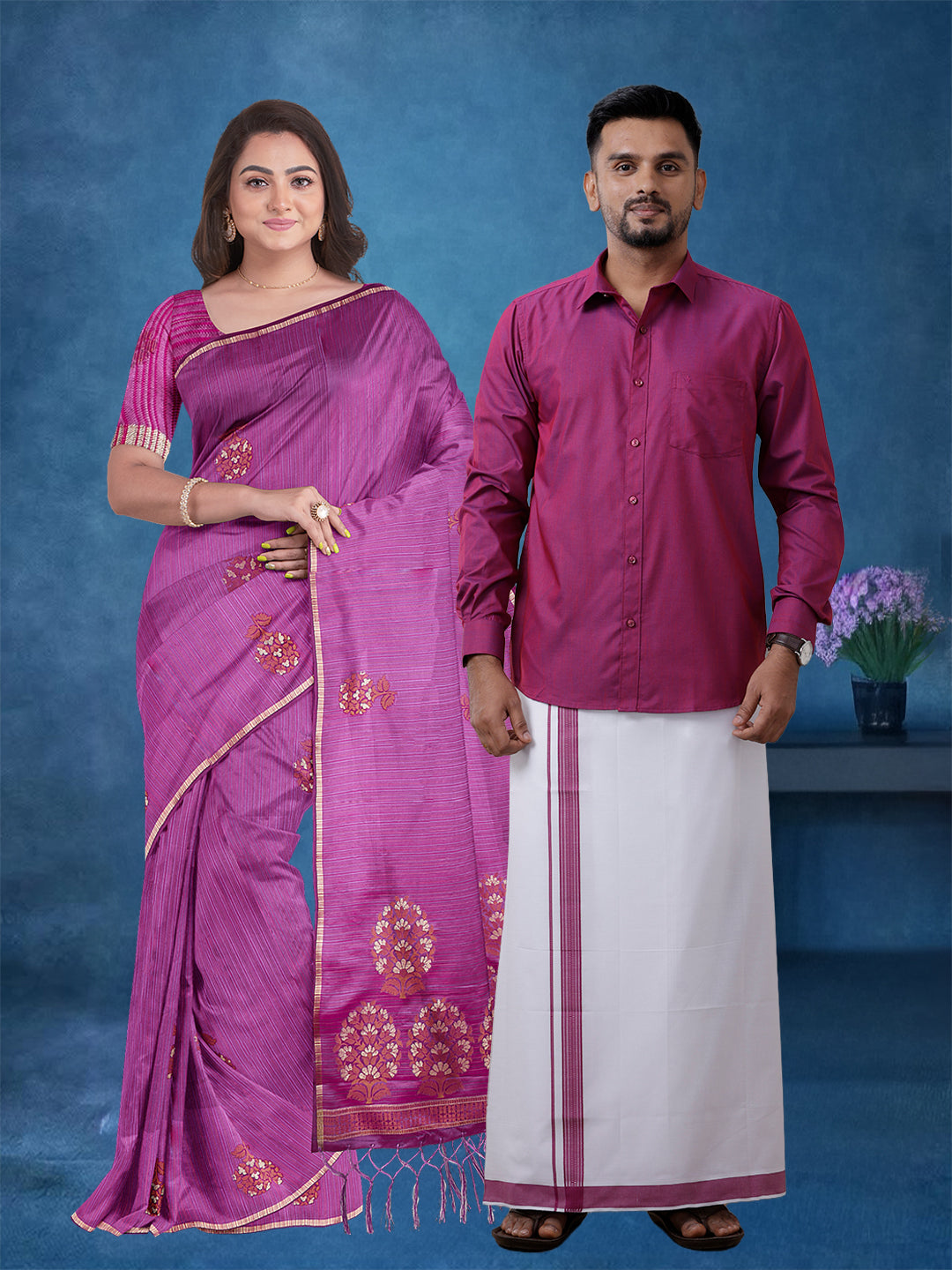 Couple Combo Shirt & Dhoti Set with Saree Majenta ST214