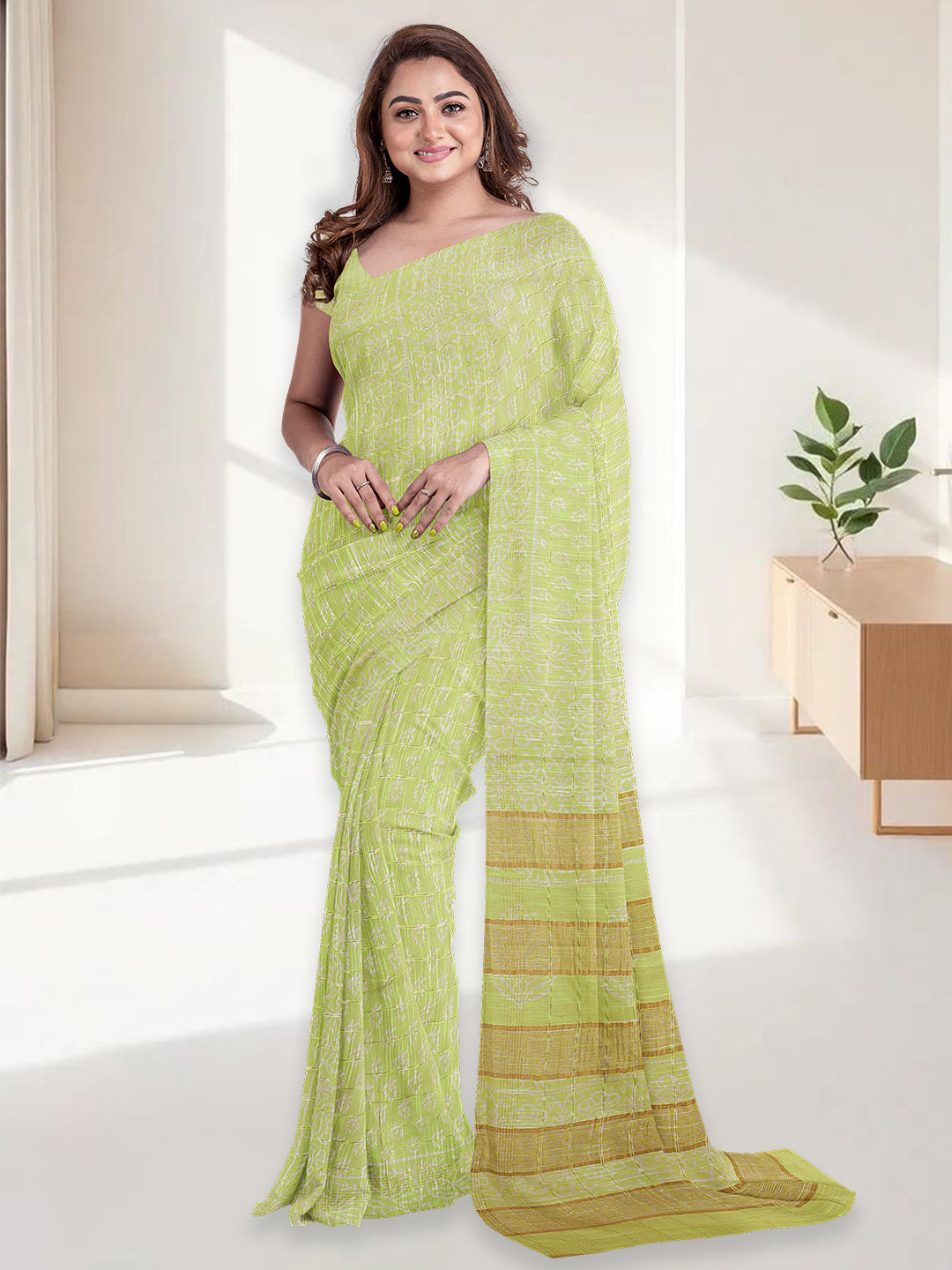 Women Light Yellow Semi Linen Saree SL231