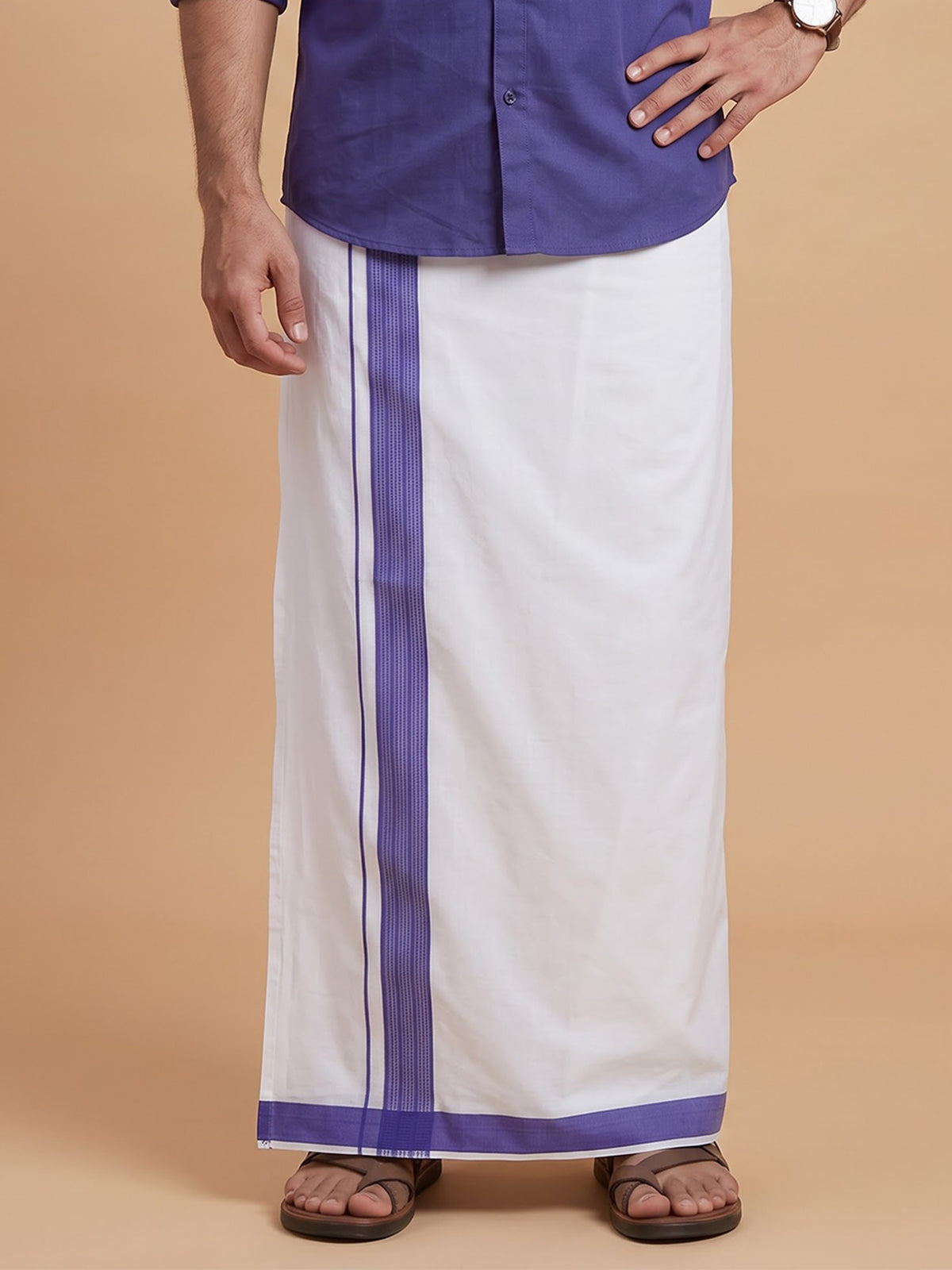 Double Layer Cotton White Dhoti With Colour Border - RFF02
