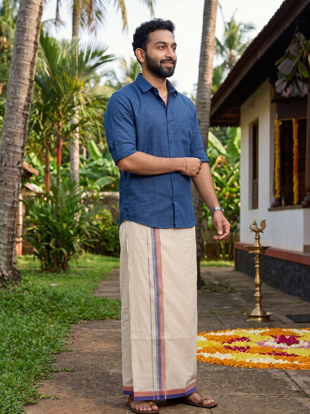 Double Layer Giza Cotton Cream Kora Dhoti with Colour Border - PKJ02