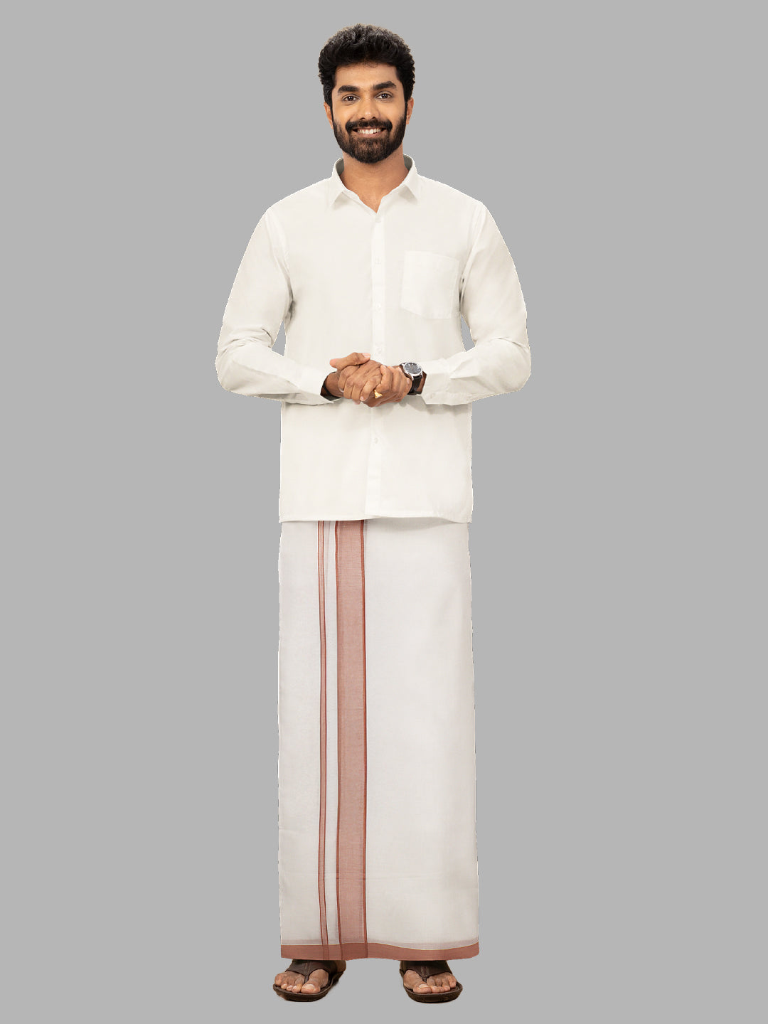 Men Brown Fancy Border Double Layer White Dhoti RP1