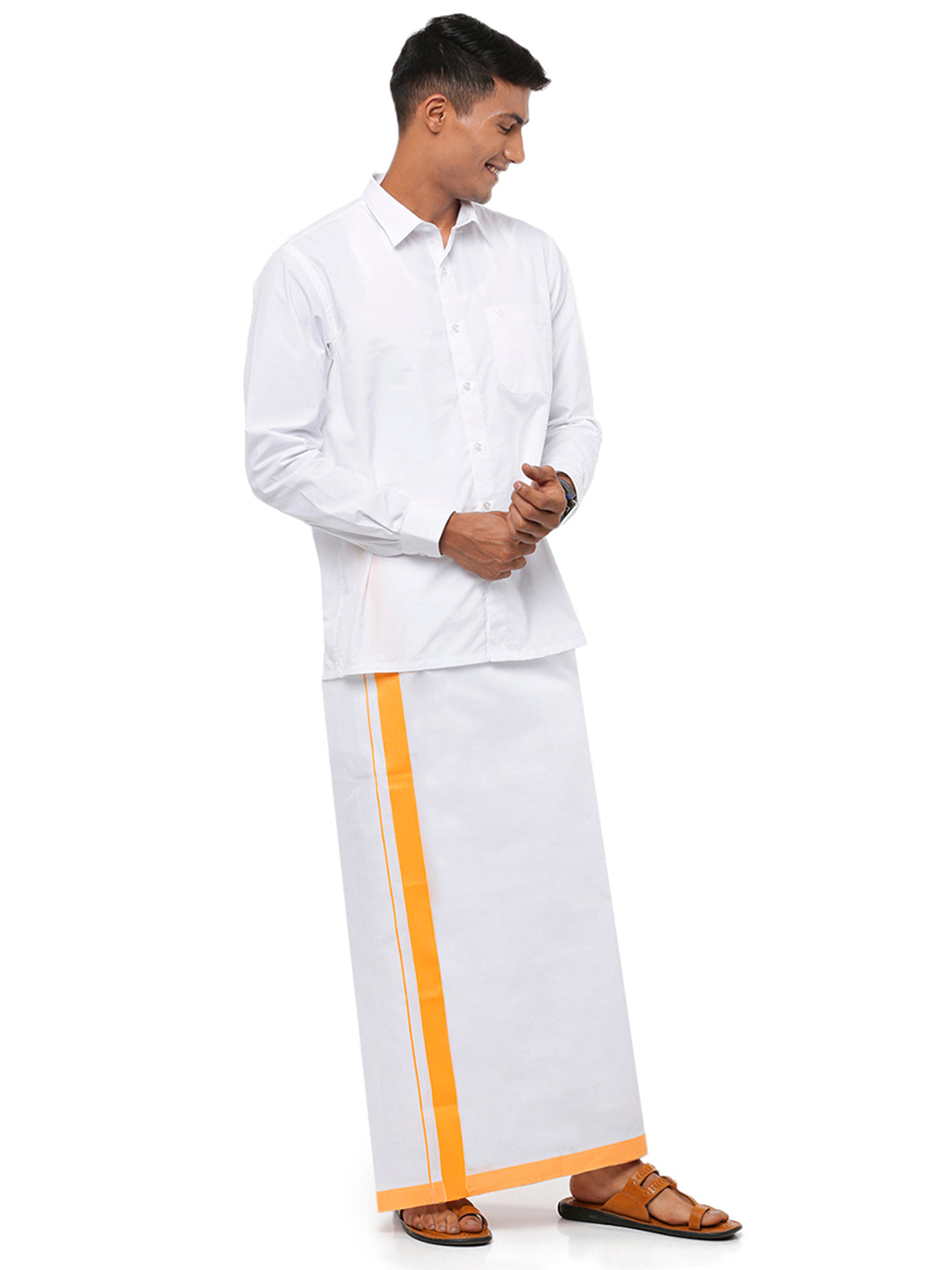 Mens White Double Dhoti with Yellow Border Redfort Special-Full view