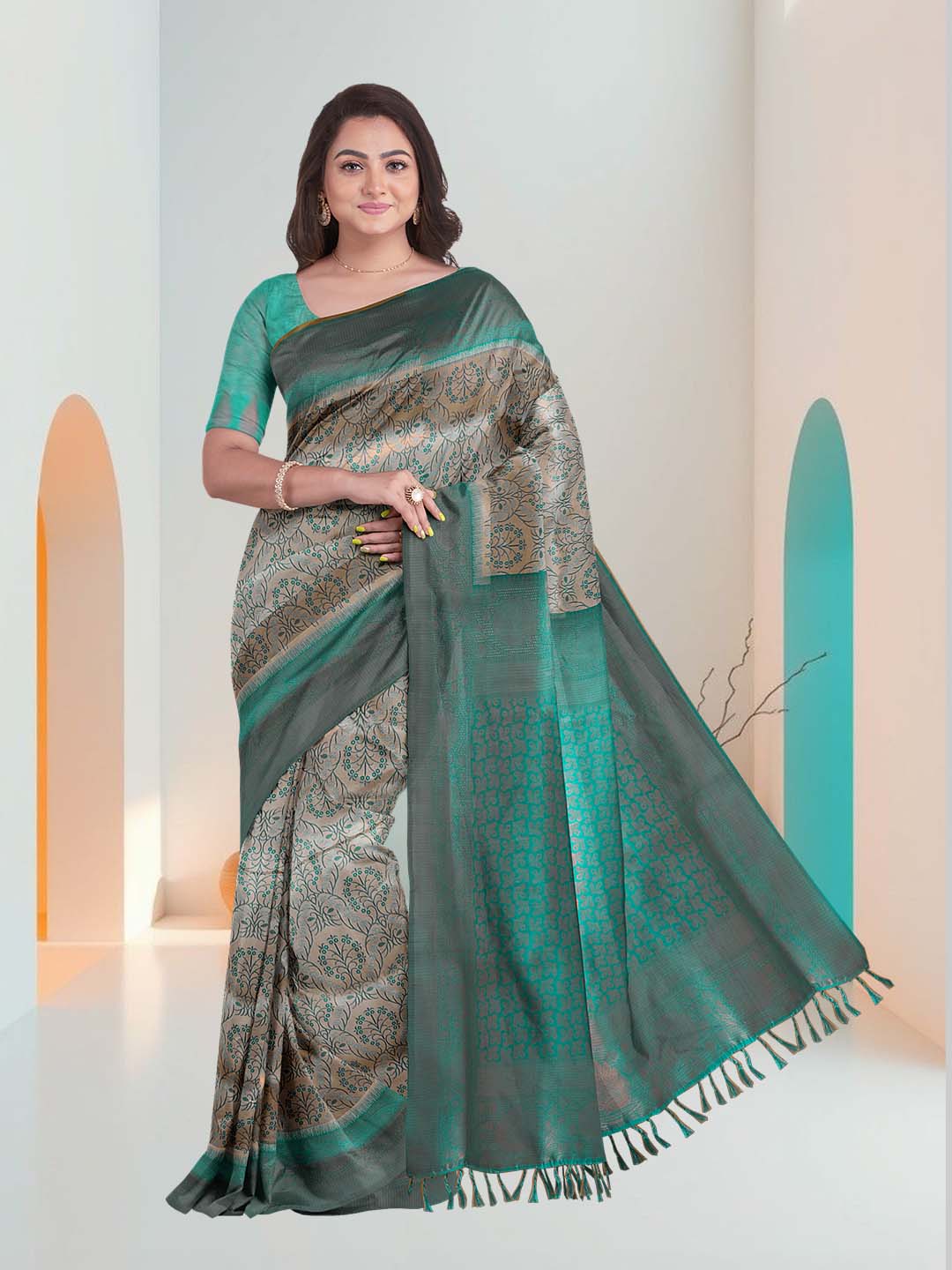 Women Sandal with Green Art Silk Printed Saree ASS63