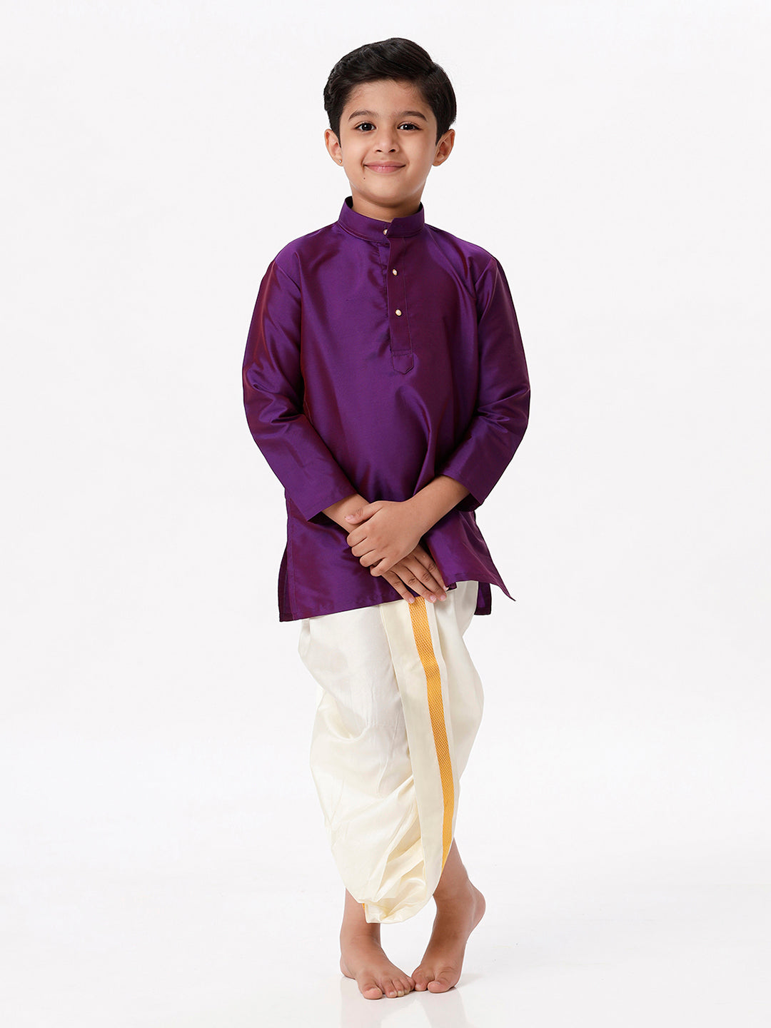 Boys Silk Cotton Full Sleeves Purple Kurta with Panchakacham Combo-Full view