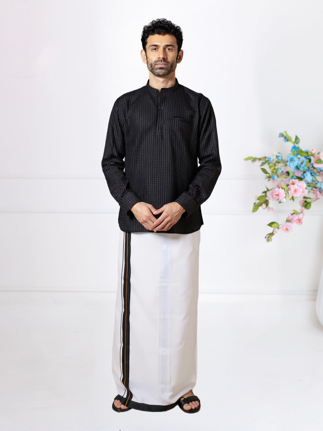 Men Black Short Length Kurta with Matching Border Dhoti Set RJ31