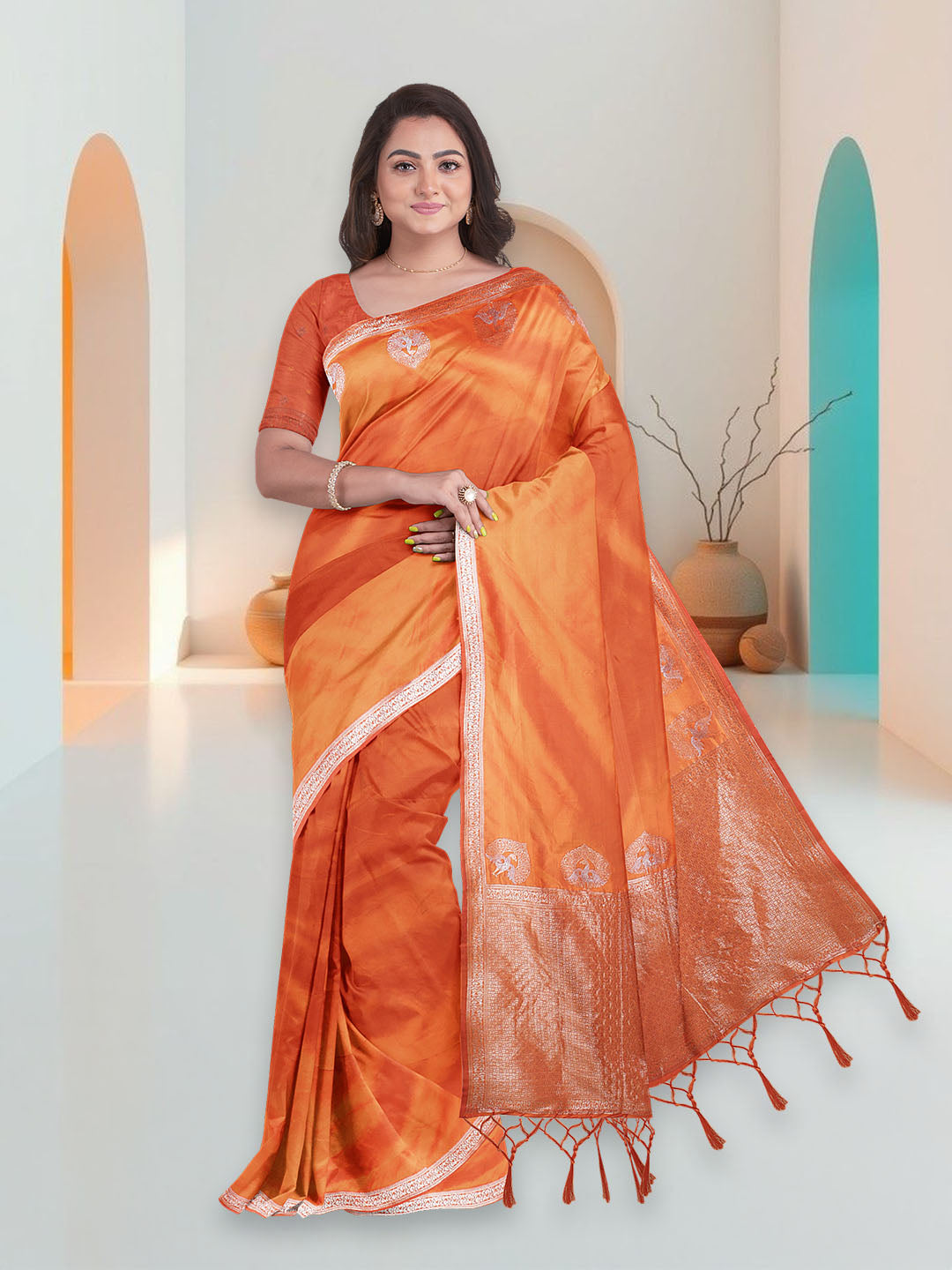 Women Orange Art Silk Printed Saree ASS93