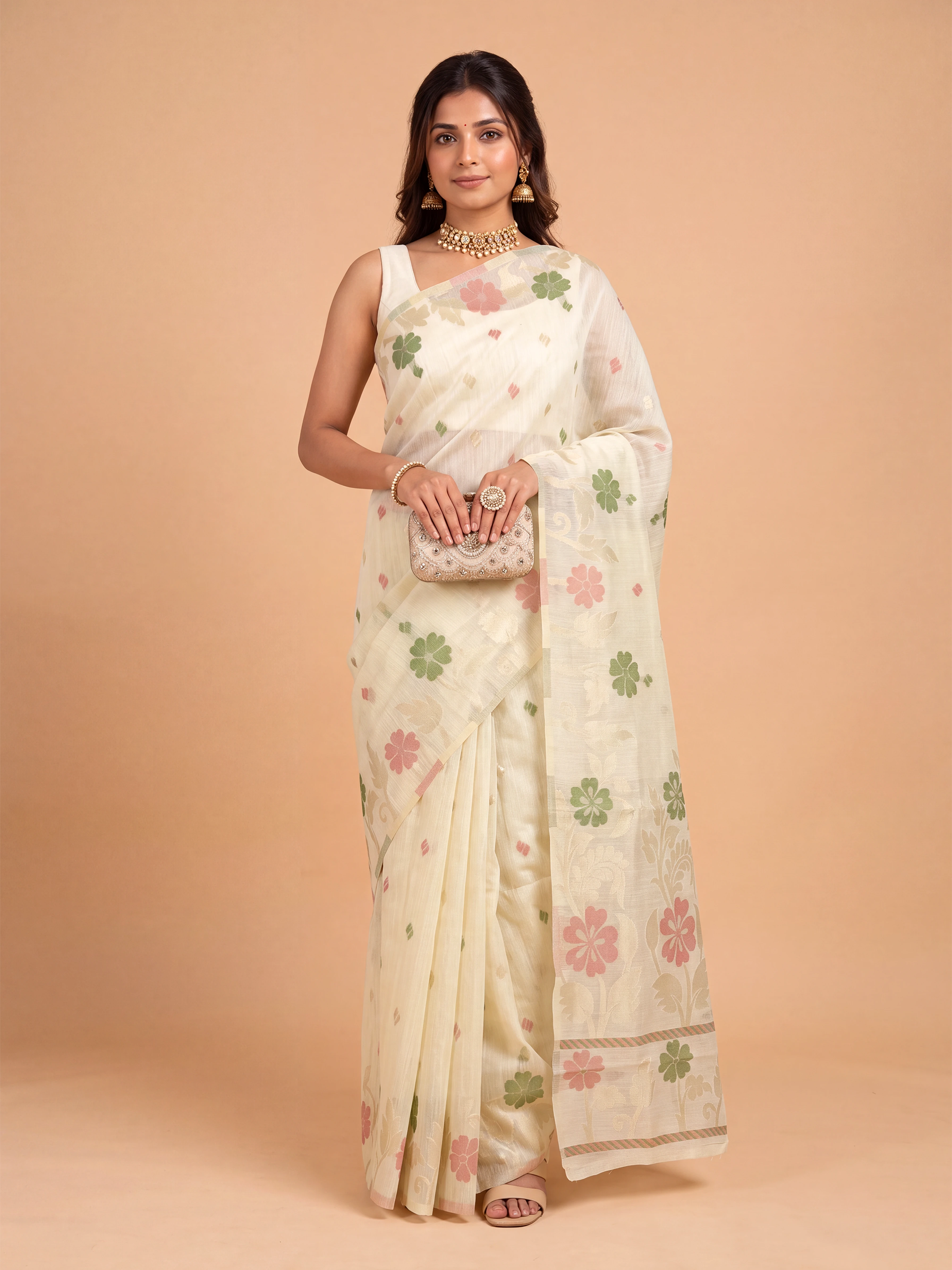 Women Cream Spun Poly Printed Saree SP08