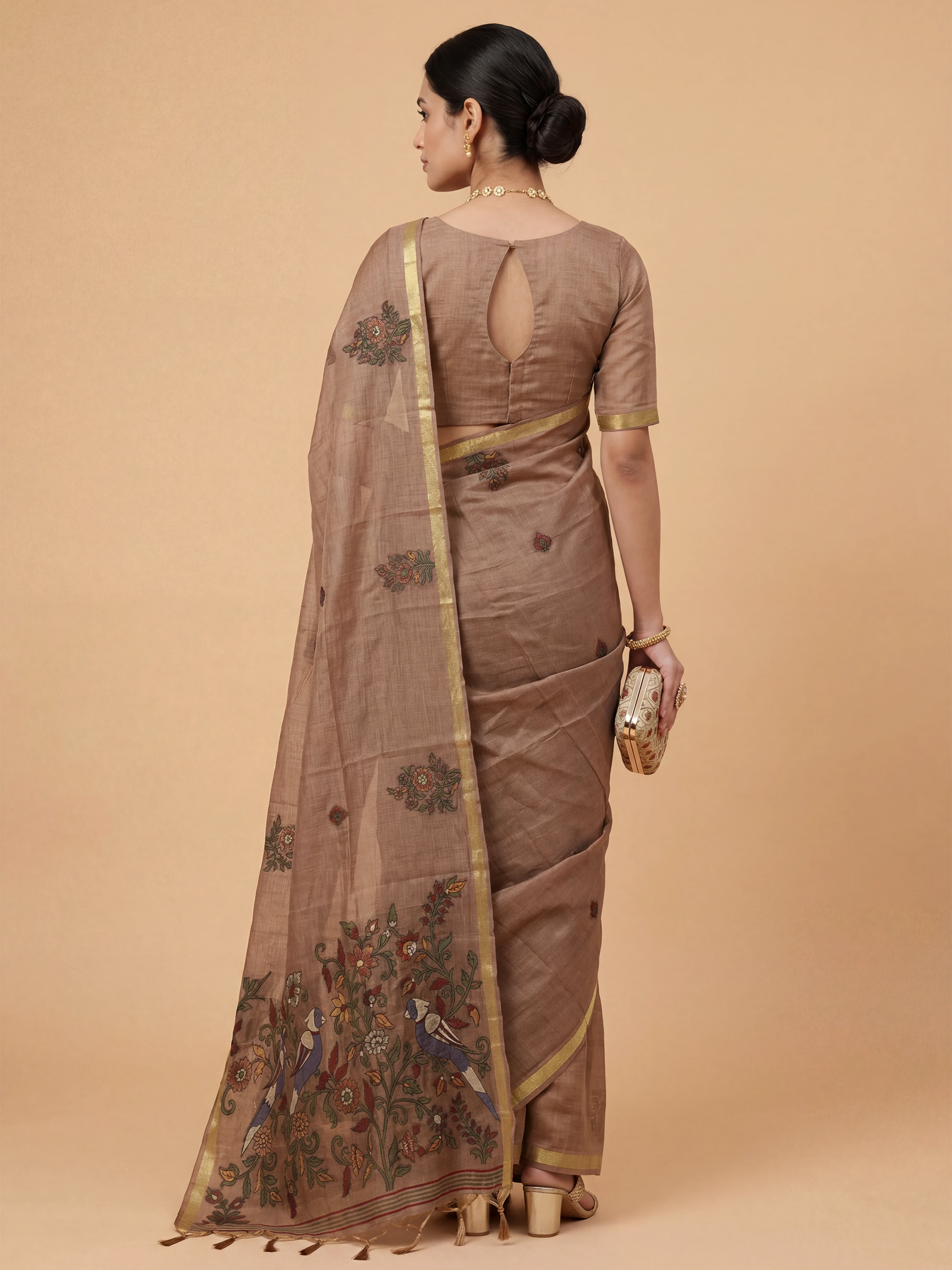 Women Pure Cotton Printed Dark Peach Saree PCS271