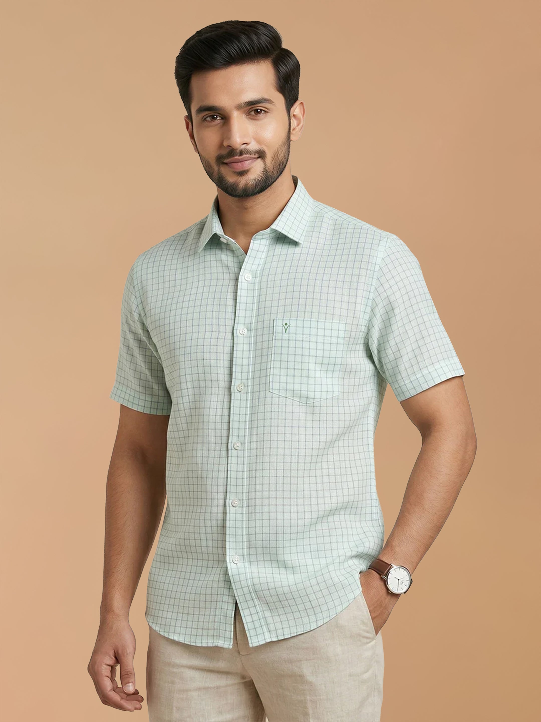 Pure Linen LT Blue Checked Smart Fit Shirt LS147