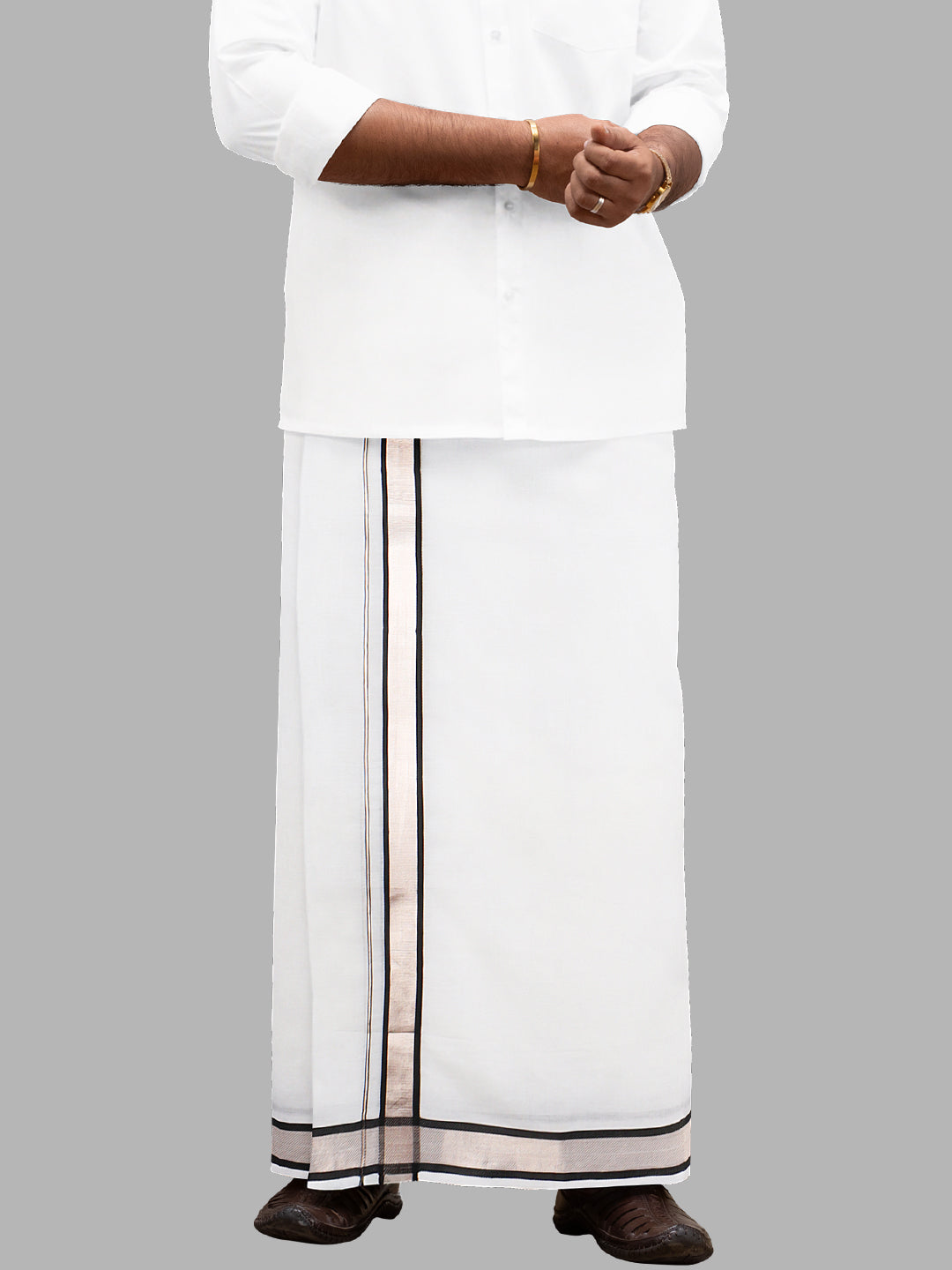 Men 100% Cotton Double Layer White Dhoti with Fancy Jari Border