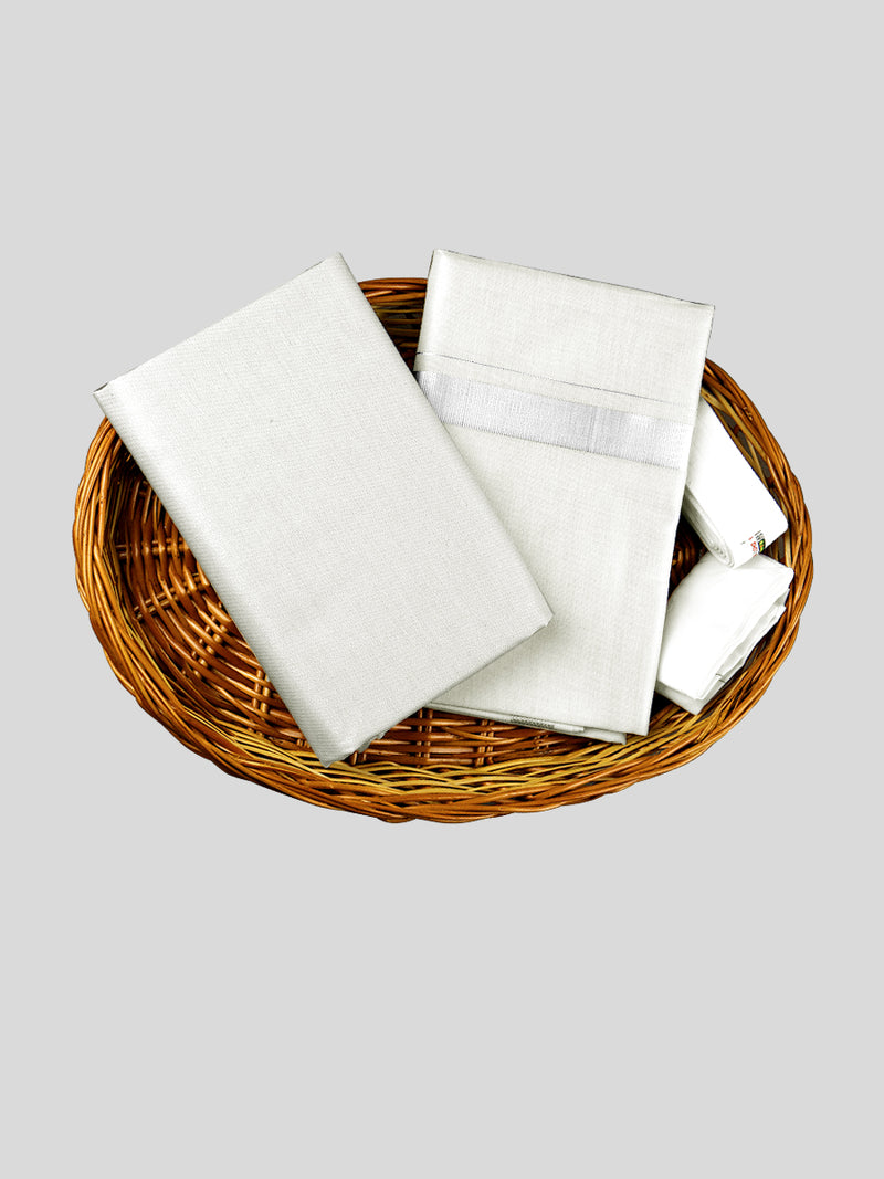 Tissue Silver Jari Shirting with Dhoti Set & Saree Couple Combo SCC03