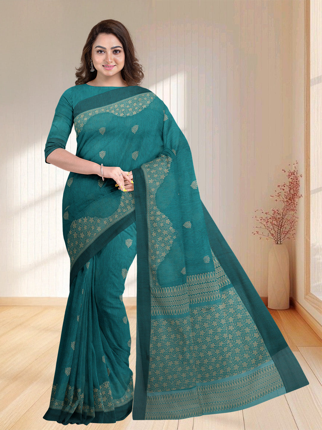 Women Cyan Blue Kora Cotton Saree PCS174