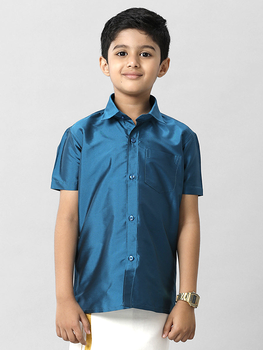 Boys Silk Cotton Light Blue Half Sleeves Shirt K1