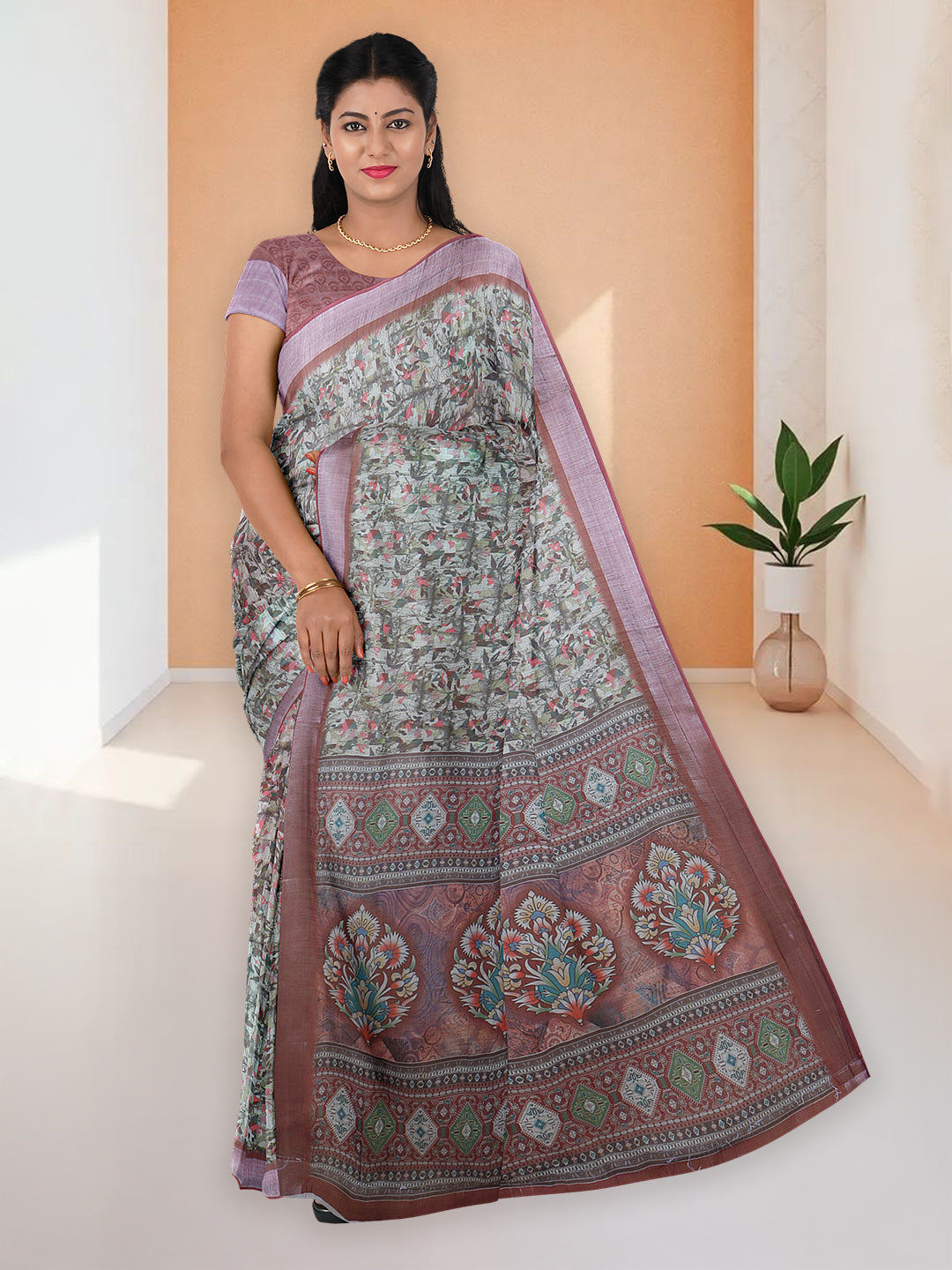 Women Green Semi Linen Saree SL224