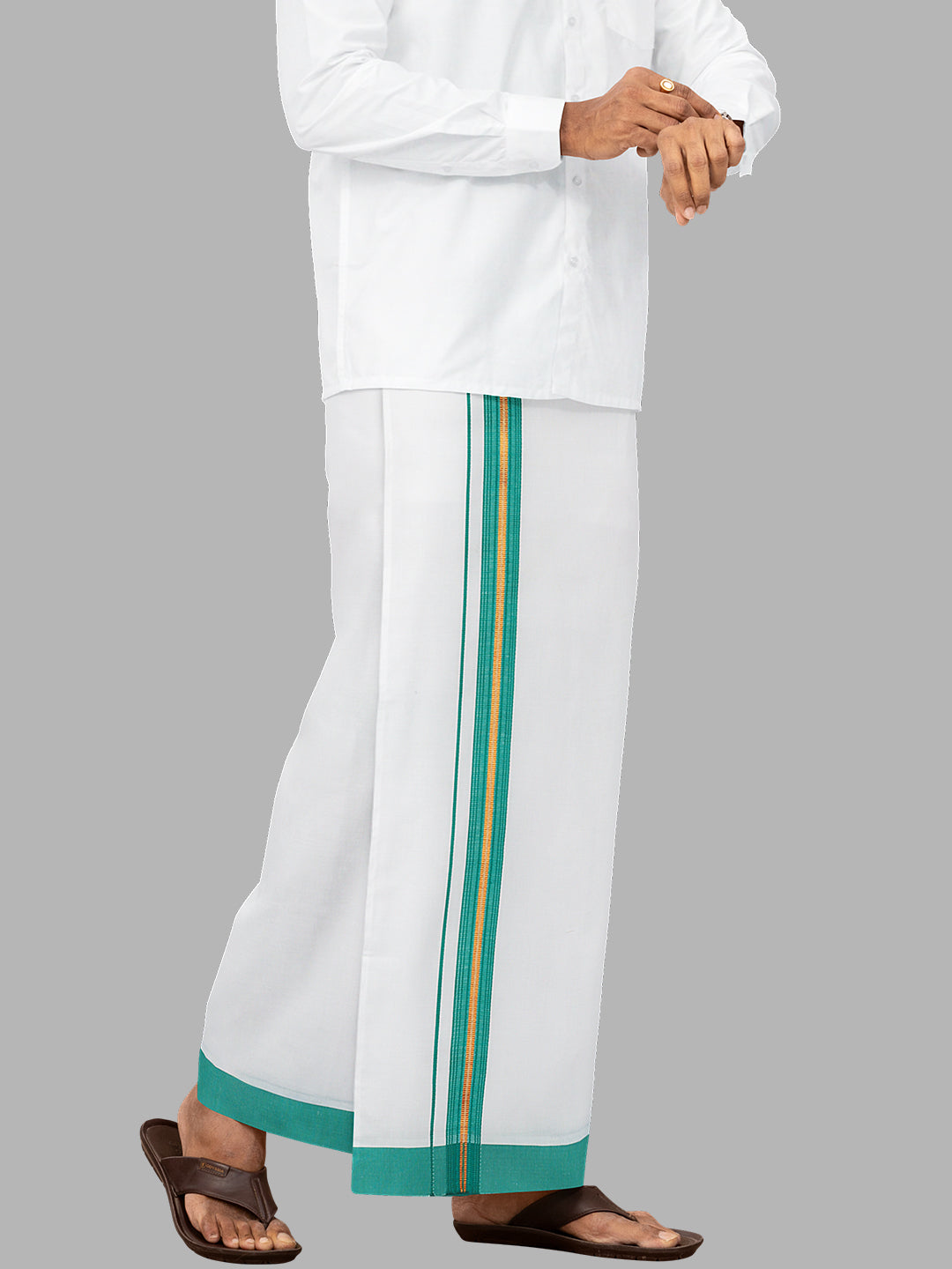 Men Green Fancy Jari Border Single Layer Adjustable Pocket Dhoti GACJ32