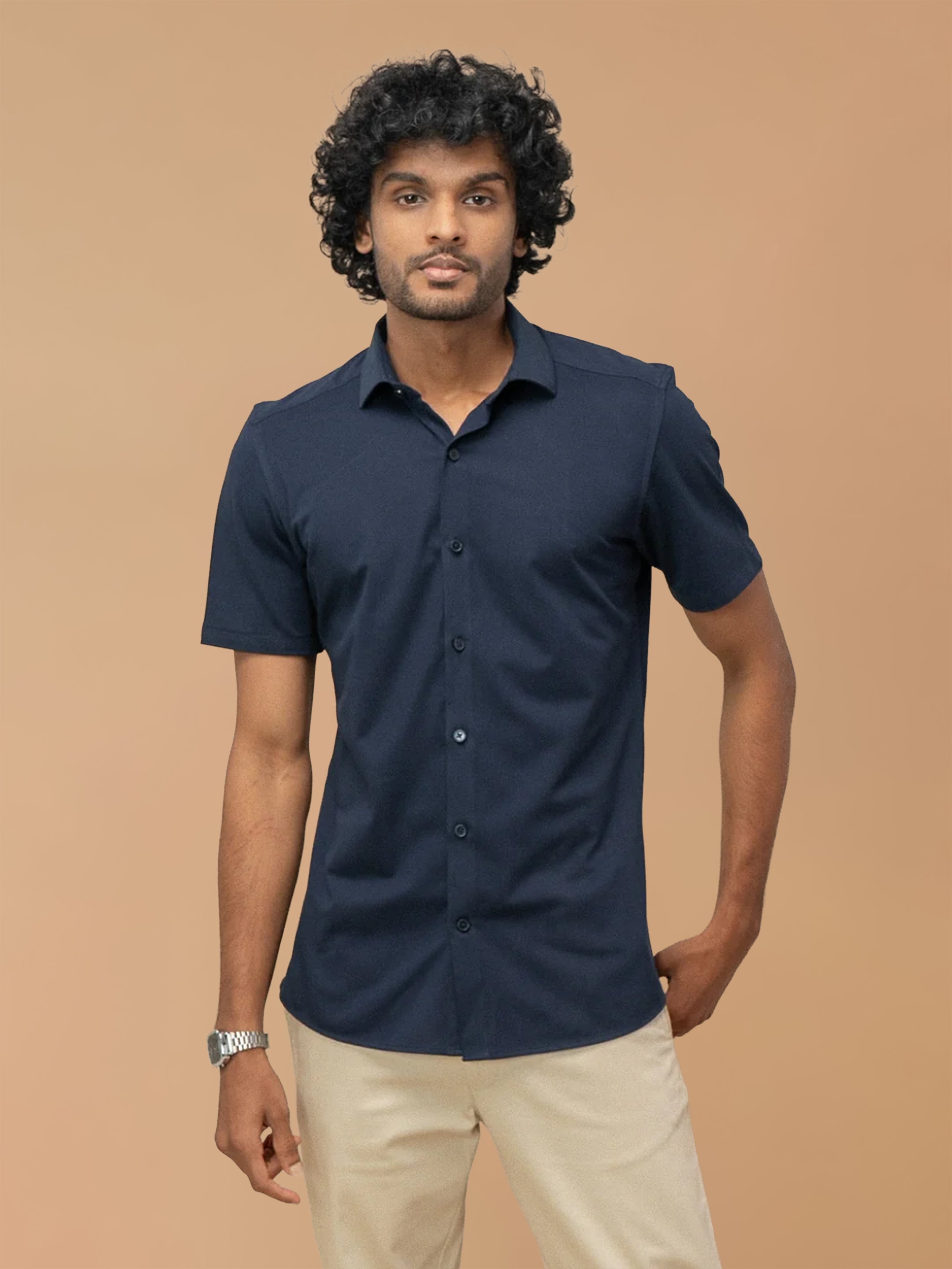 Cotton Rich Navy Slim Fit Knit Shirt ER5