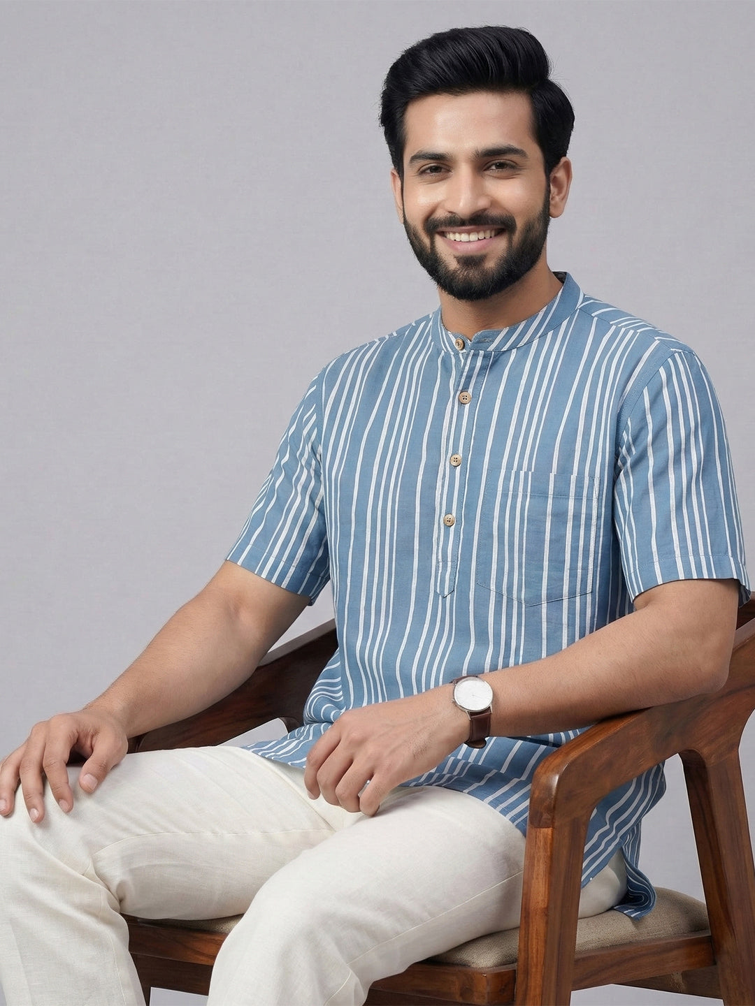 Men Cotton Short Length Pocket Kurta Mid Blue OG5