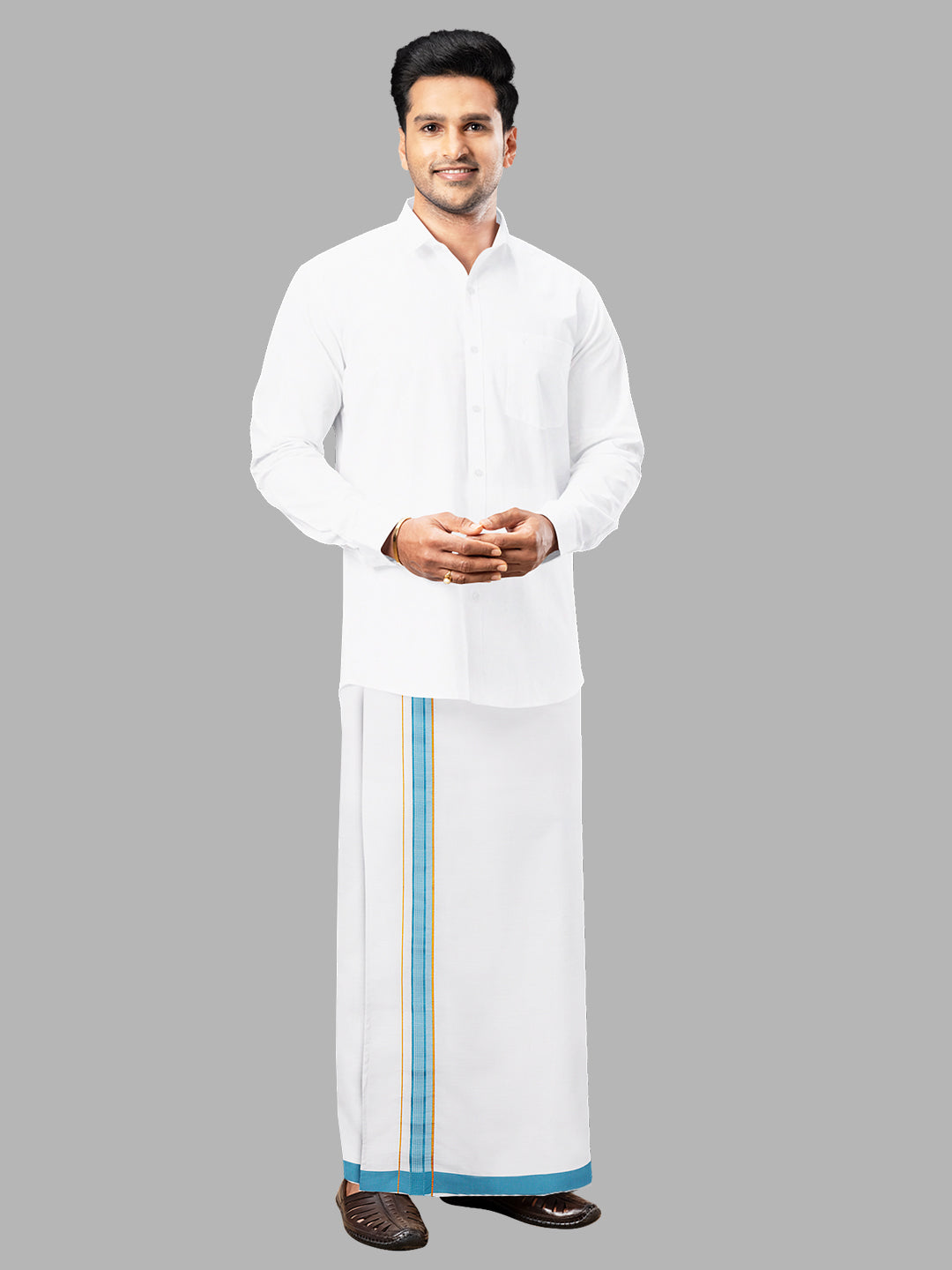 Men Blue Adjustable Pocket Dhoti with Fancy Border GACJ06