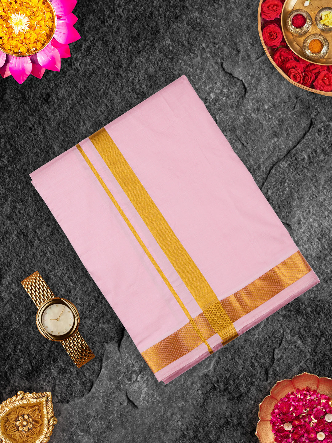Premium Pure Silk Pink Dhoti With Angavastram 1" Gold Jari Border Thirukalyan-view one