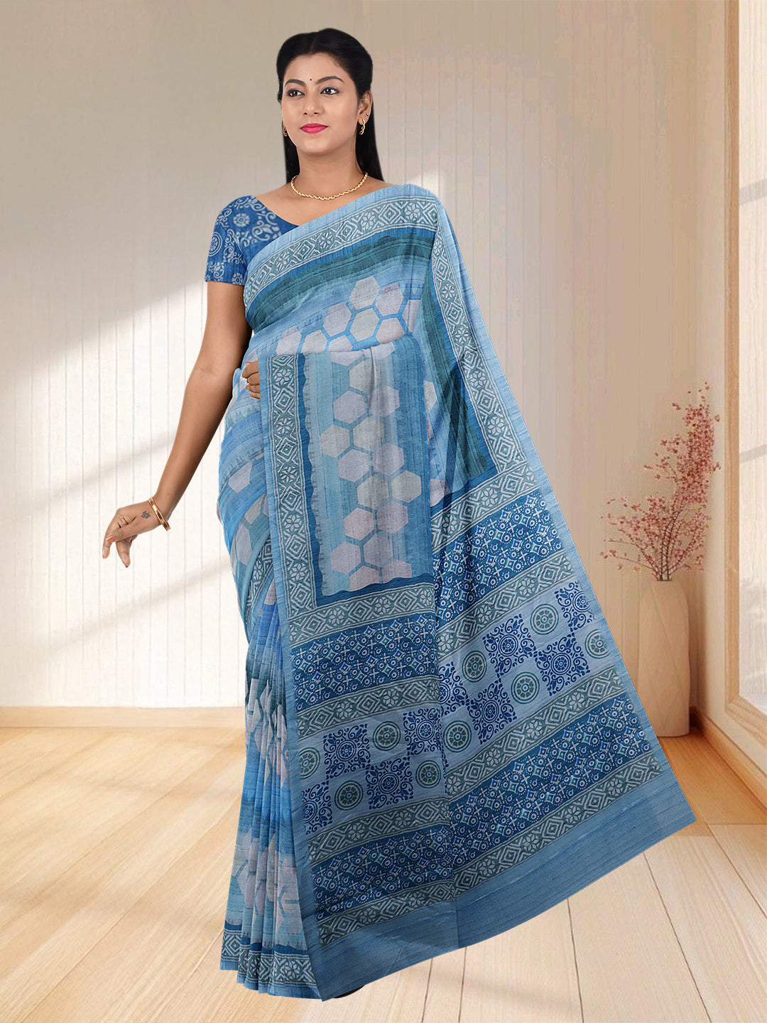 Women Blue Semi Tussar Printed Saree ST257
