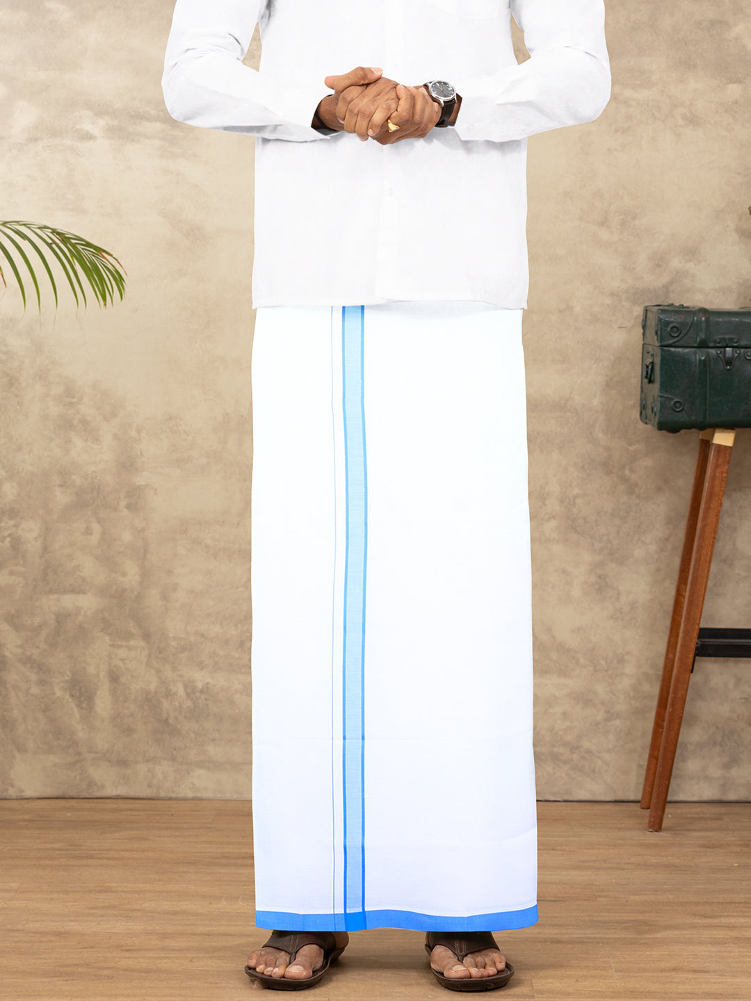 Men Cotton Blend Single Layer White Dhoti with Fancy Border WP30
