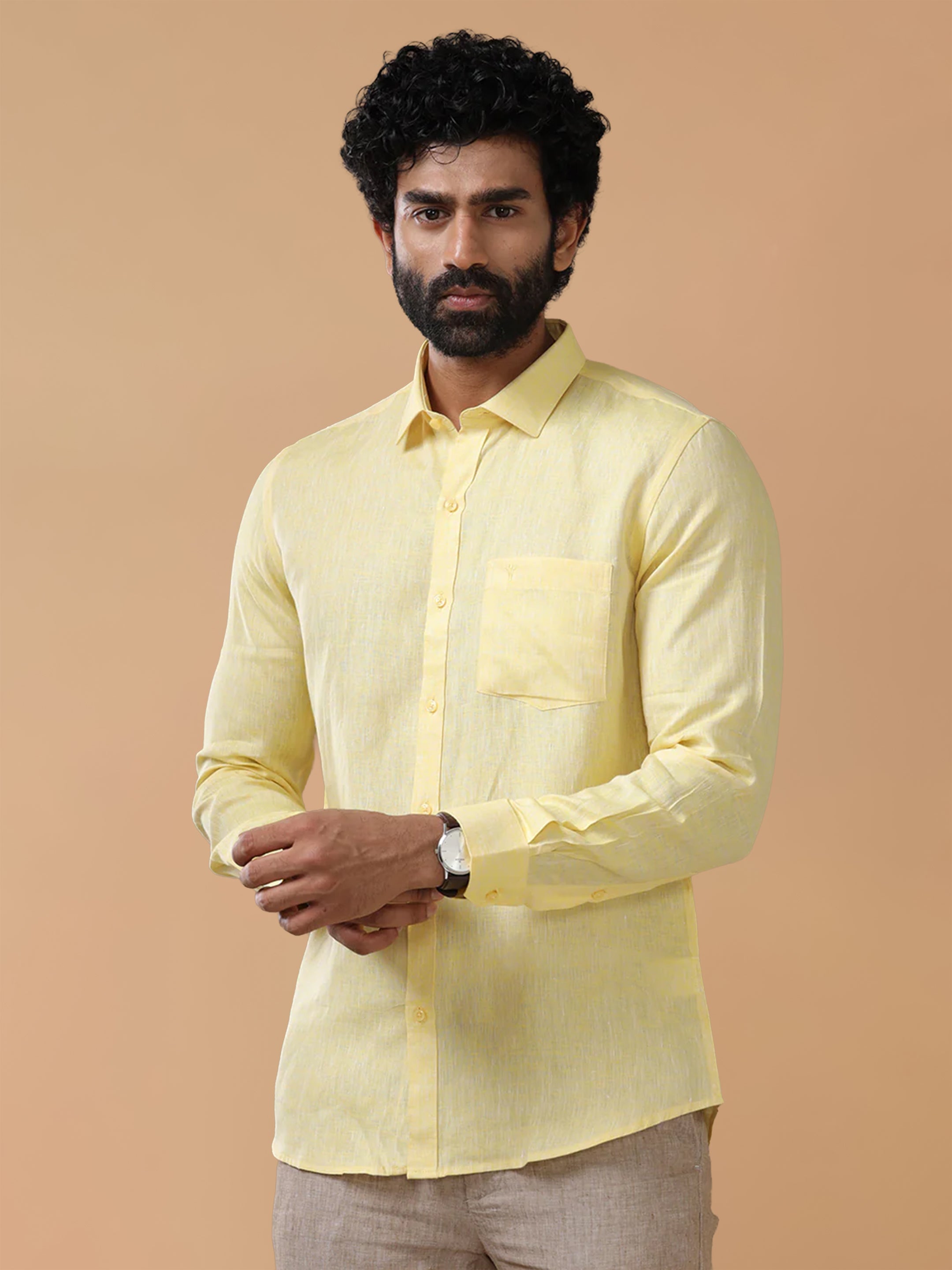Pure Linen Pale Yellow Smart Fit Shirt L5