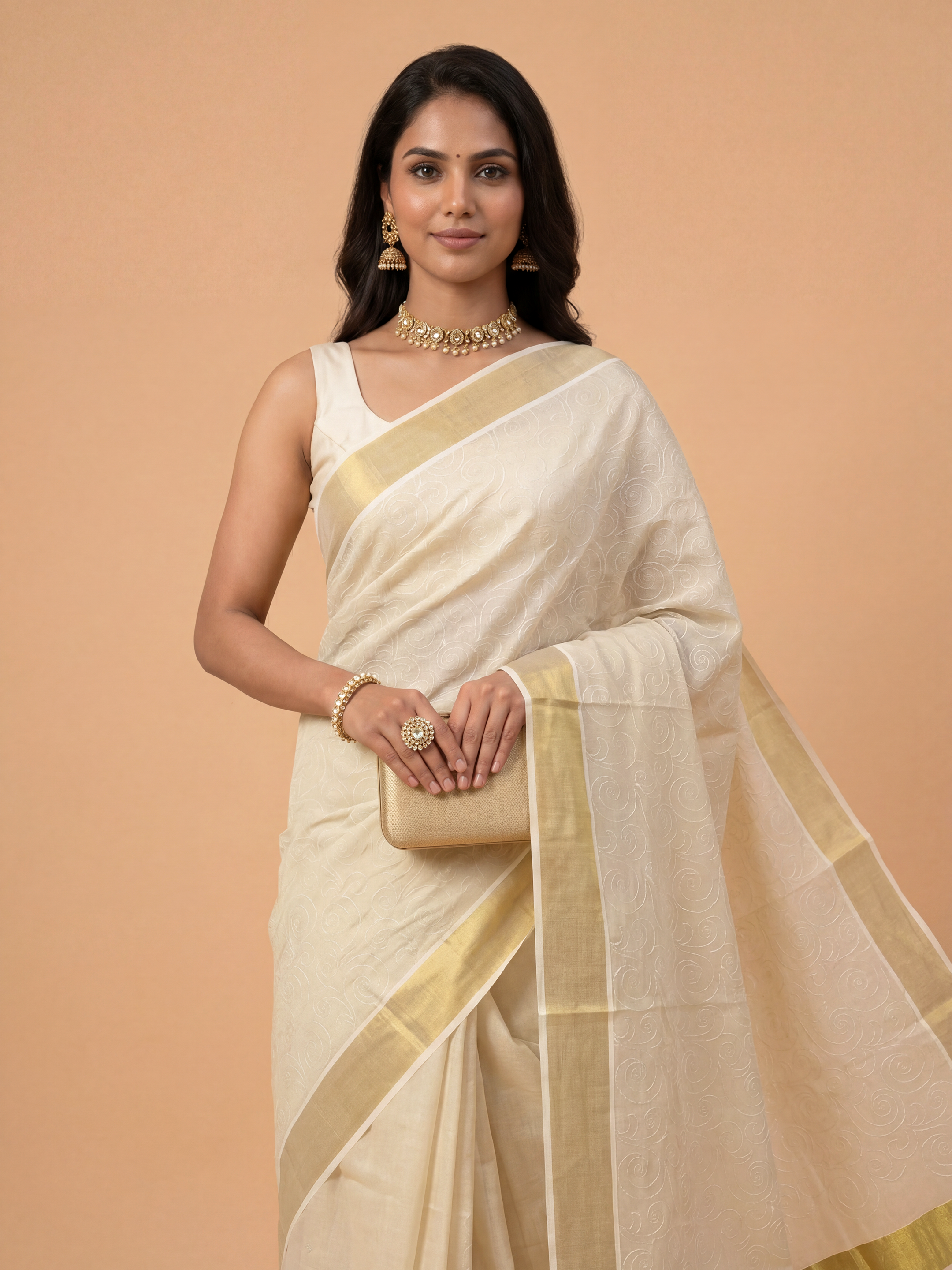 Women Tissue Cream Embroidered Kerala Saree KLS18