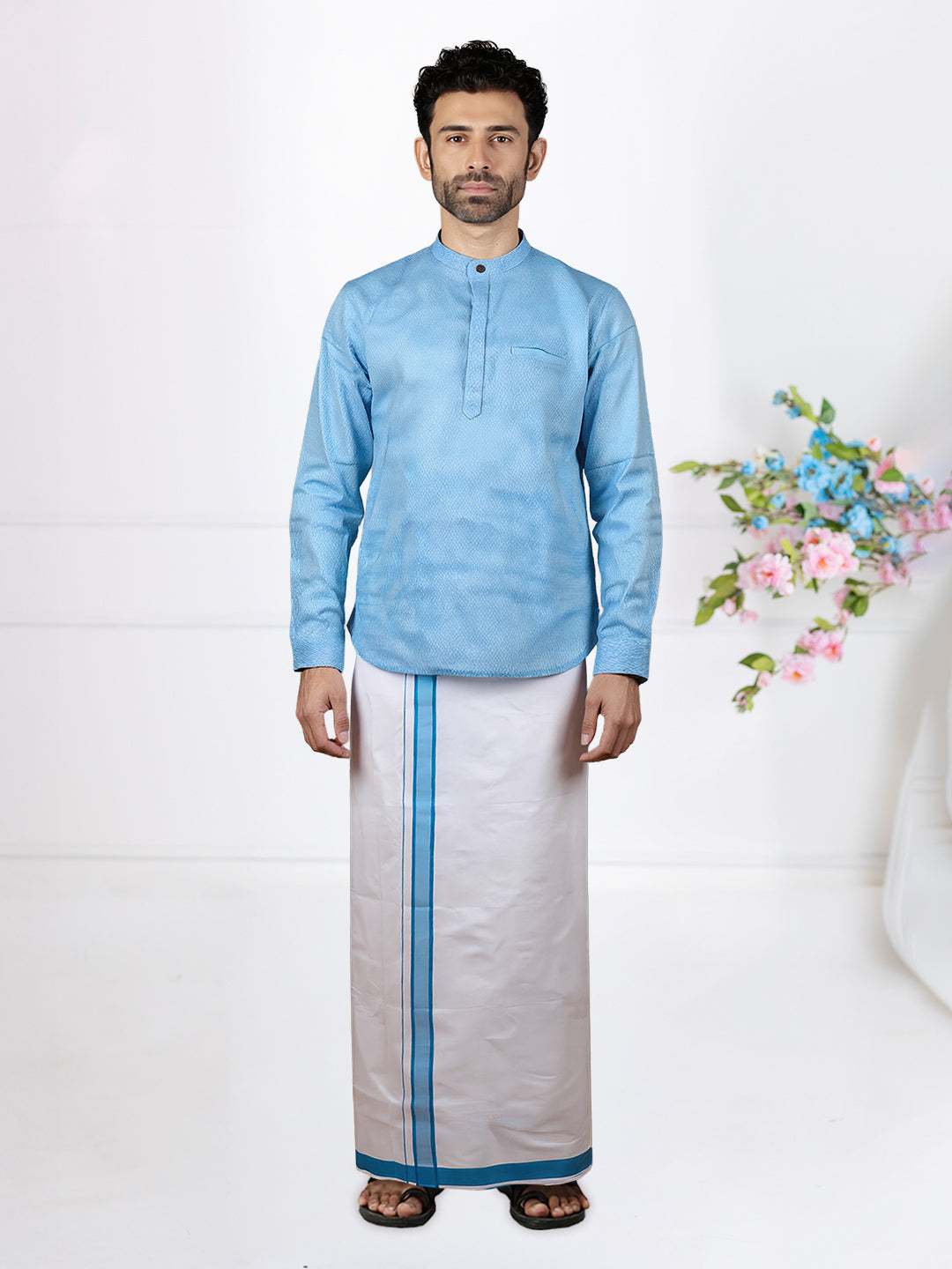 Men Blue Short Length Kurta with Matching Border Dhoti Set RJ46