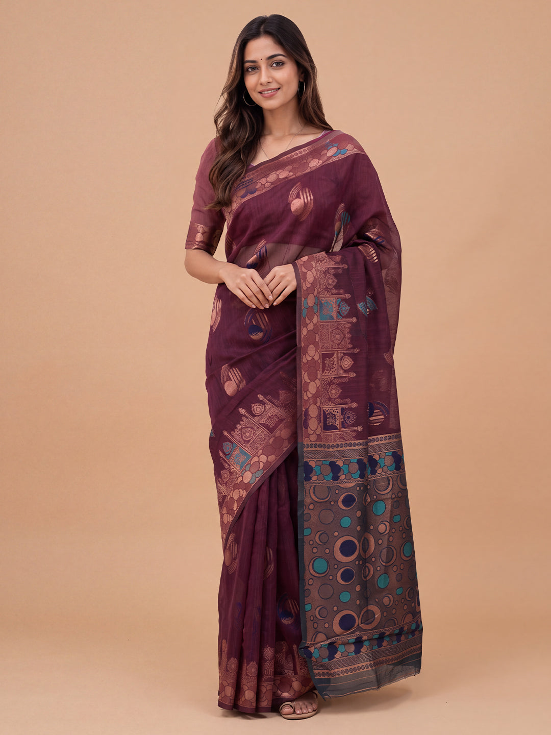 Women Spun Poly Dark Purple Printed Saree SP19