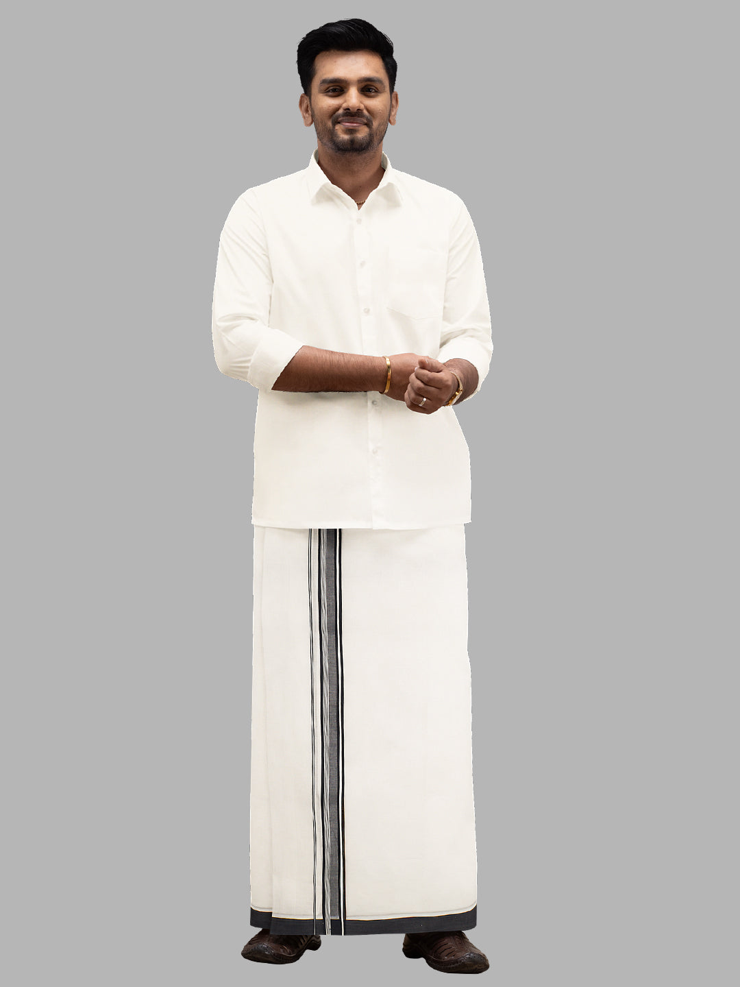 Men Navy Fancy Border Double Layer White Dhoti RF03