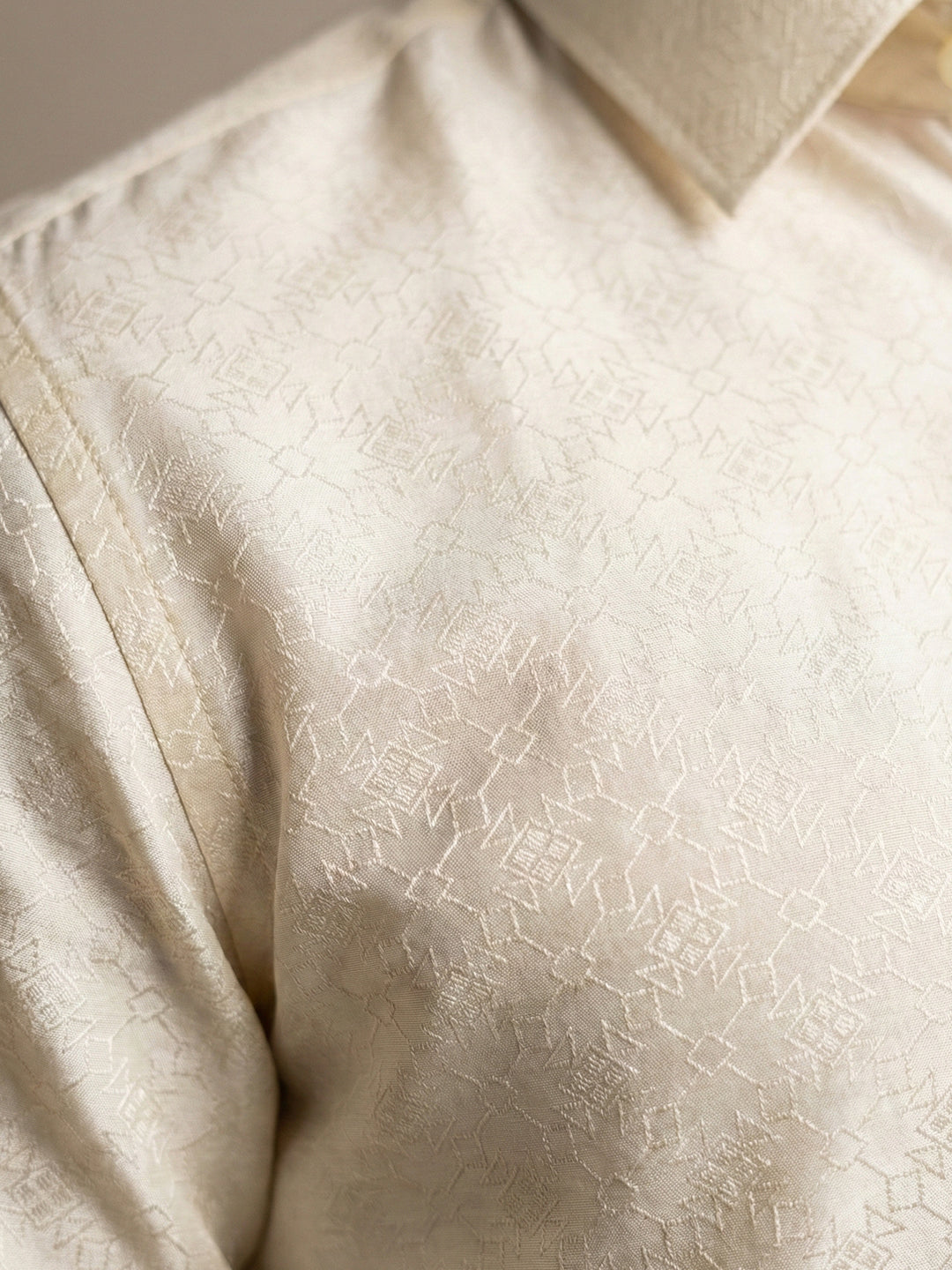 Men Art Silk Self Design Shirt with Readymade Dhoti & Towel Set Cream CRJD4